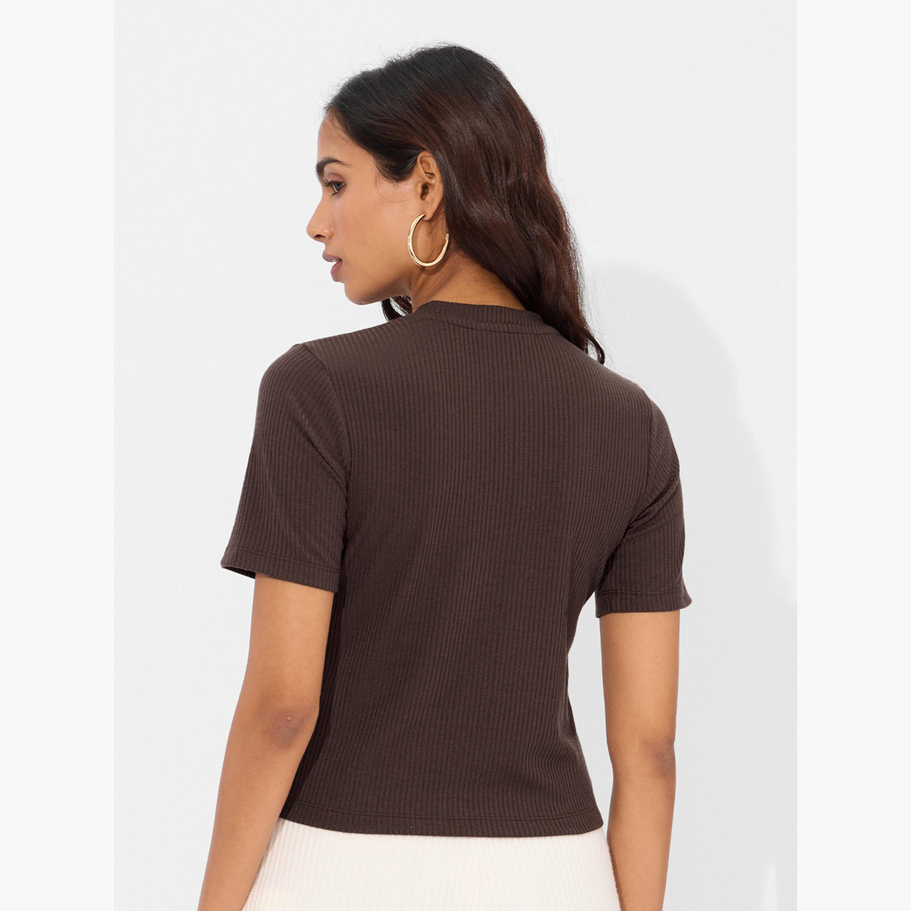 The Souled Store X Styli Chocolate Brown Ribbed Crop T-Shirt-women-clothing-tshirts-image-5