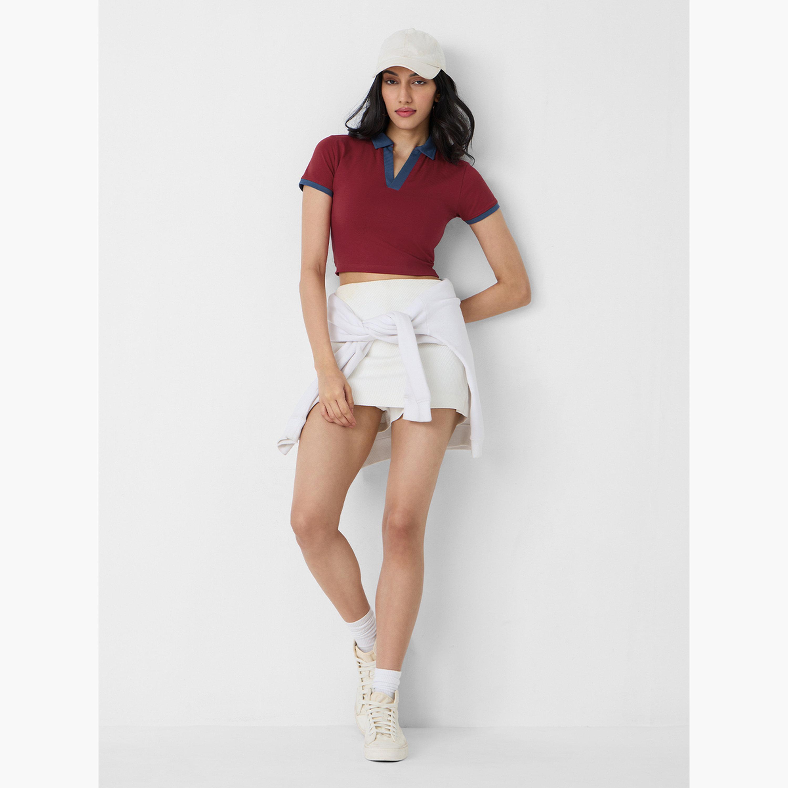 The Souled Store X Styli Red Open Collar Crop Polo T-Shirt-women-clothing-tshirts-image-2