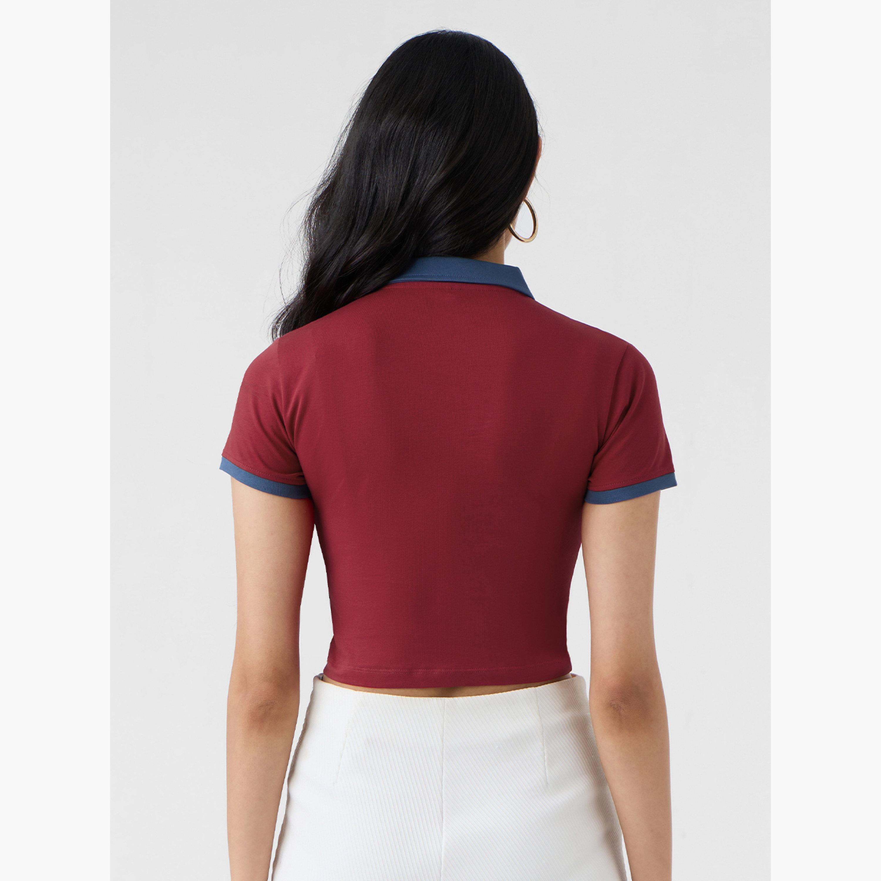 The Souled Store X Styli Red Open Collar Crop Polo T-Shirt-women-clothing-tshirts-image-4