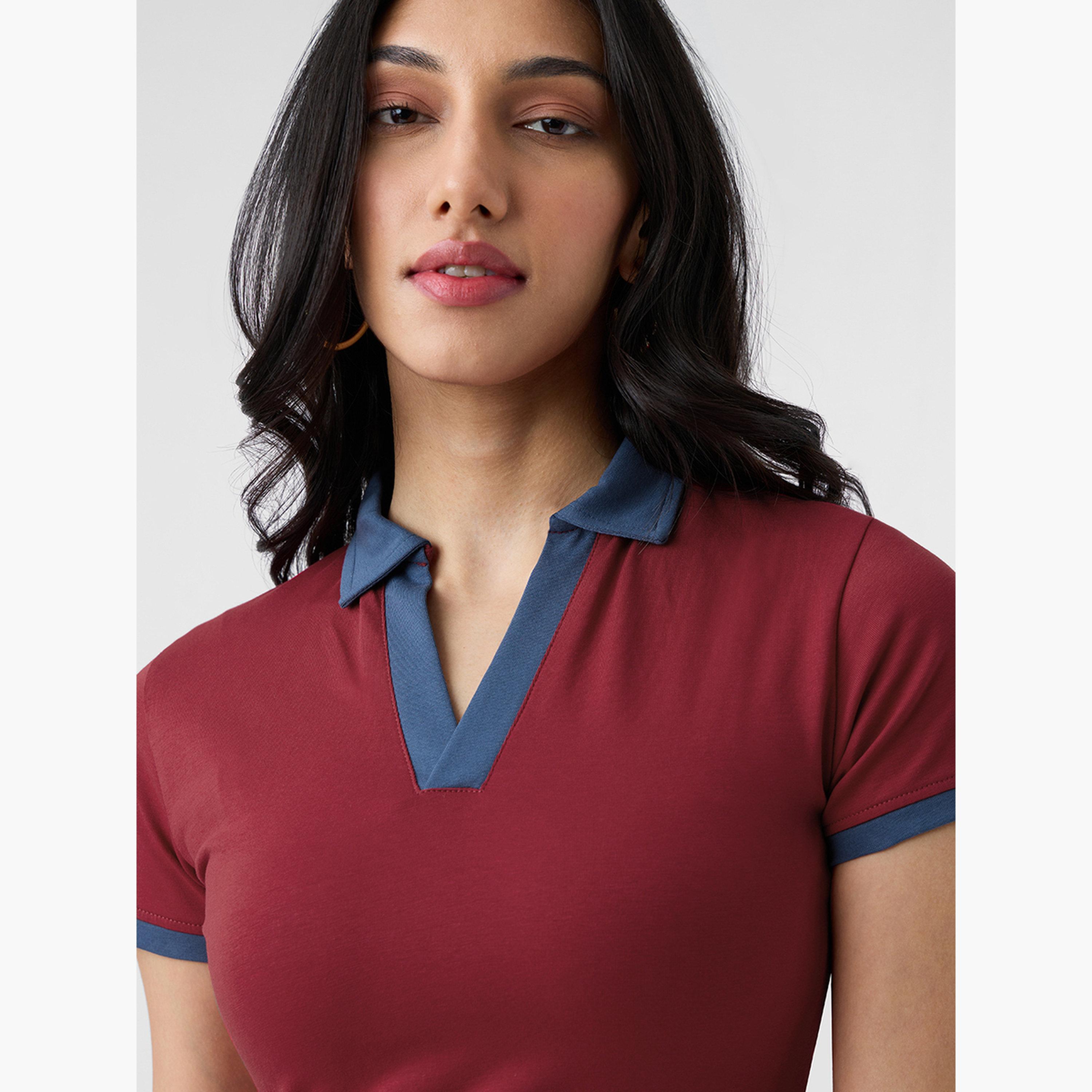 The Souled Store X Styli Red Open Collar Crop Polo T-Shirt-women-clothing-tshirts-image-5