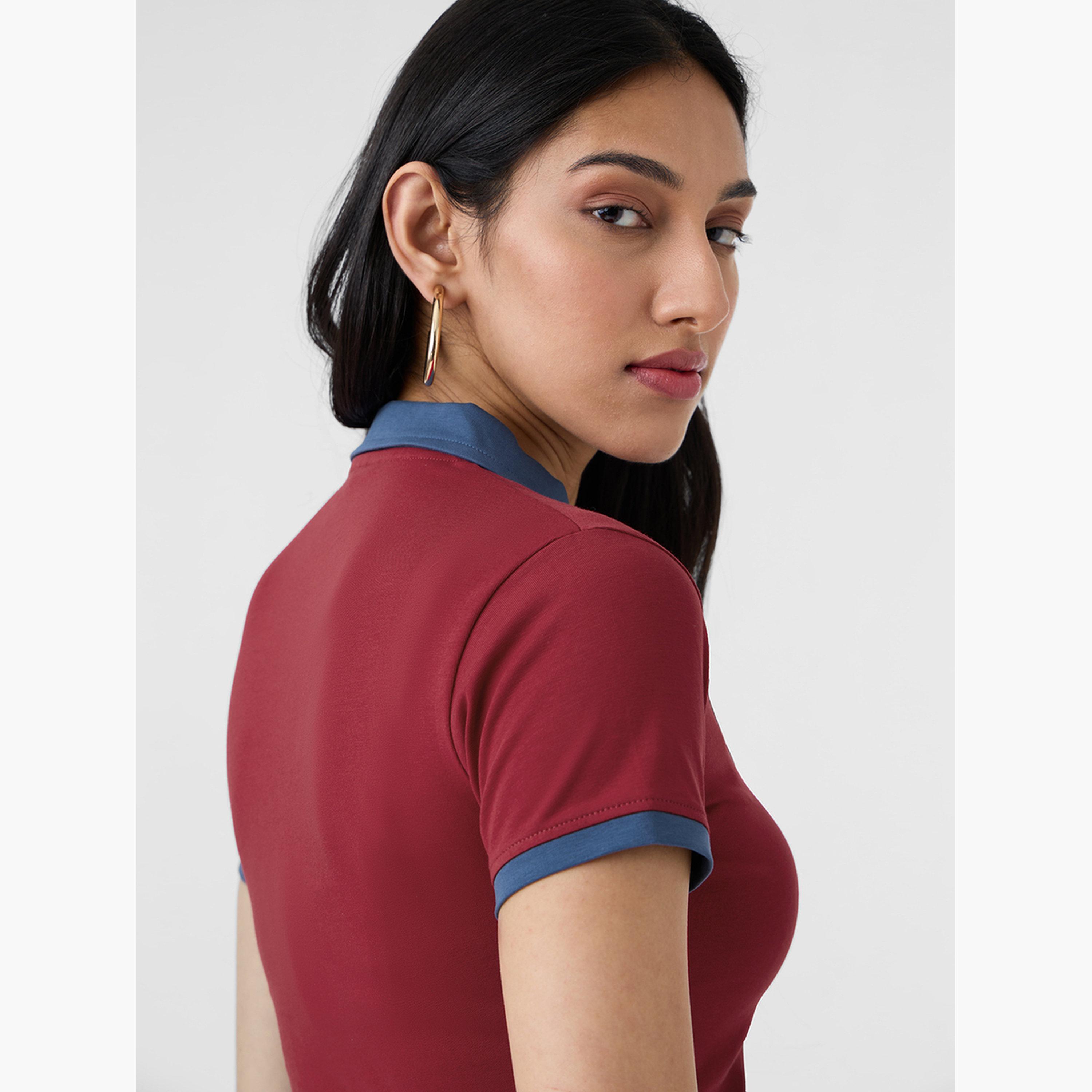 The Souled Store X Styli Red Open Collar Crop Polo T-Shirt-women-clothing-tshirts-image-6