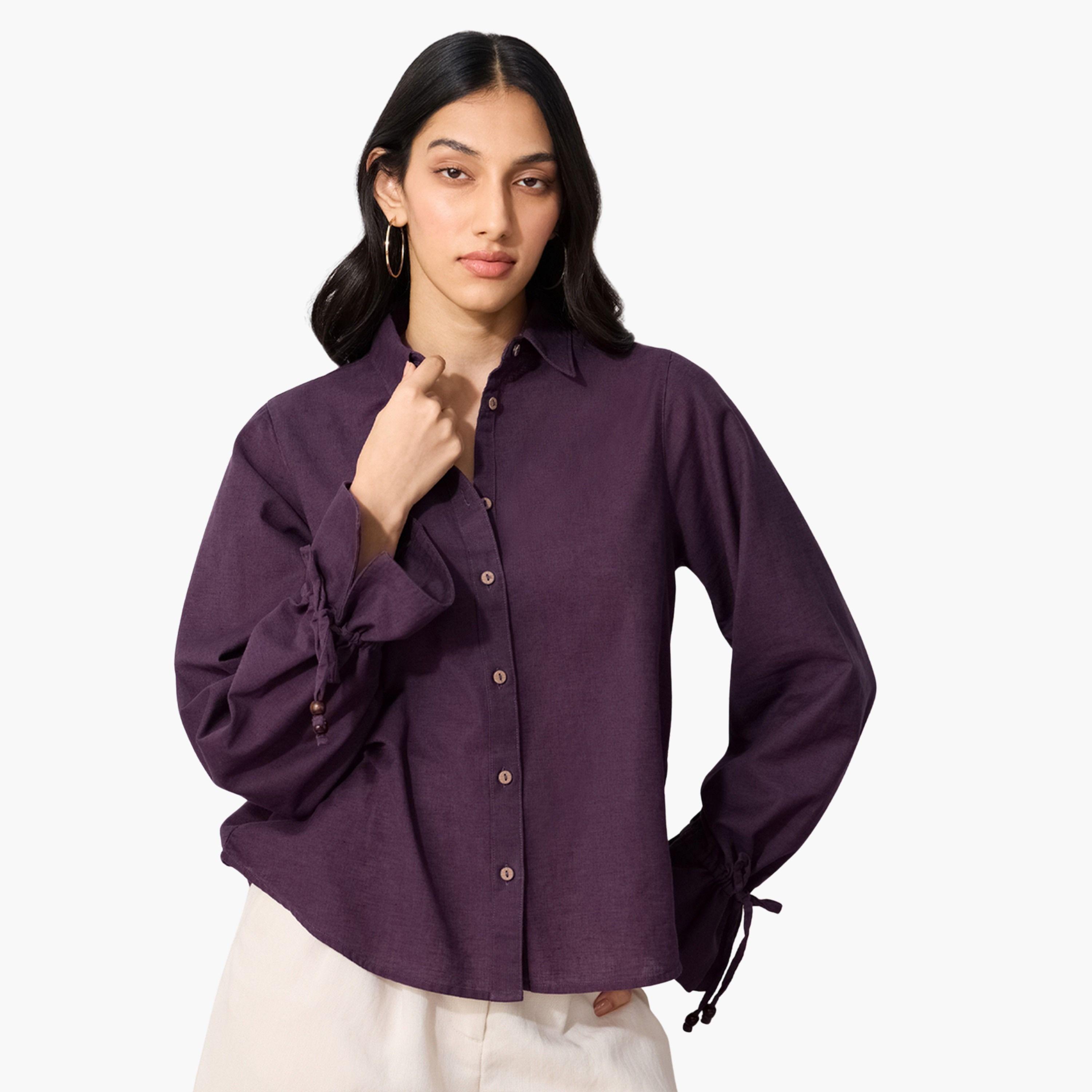 ذا سولد ستور × ستايلي - قميص أرجواني من القطن والكتان بأكمام طويلة-women-clothing-shirtsandblouses-shirts-image-1