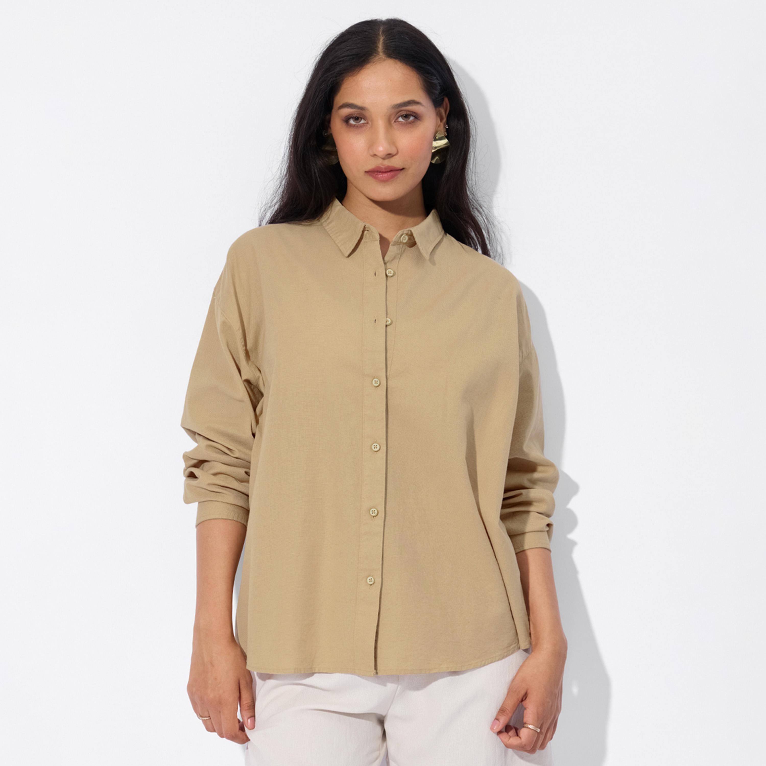 ذا سولد ستور × ستايلي - قميص بوي فريند قطن وكتان لون بيج-women-clothing-shirtsandblouses-shirts-image-1