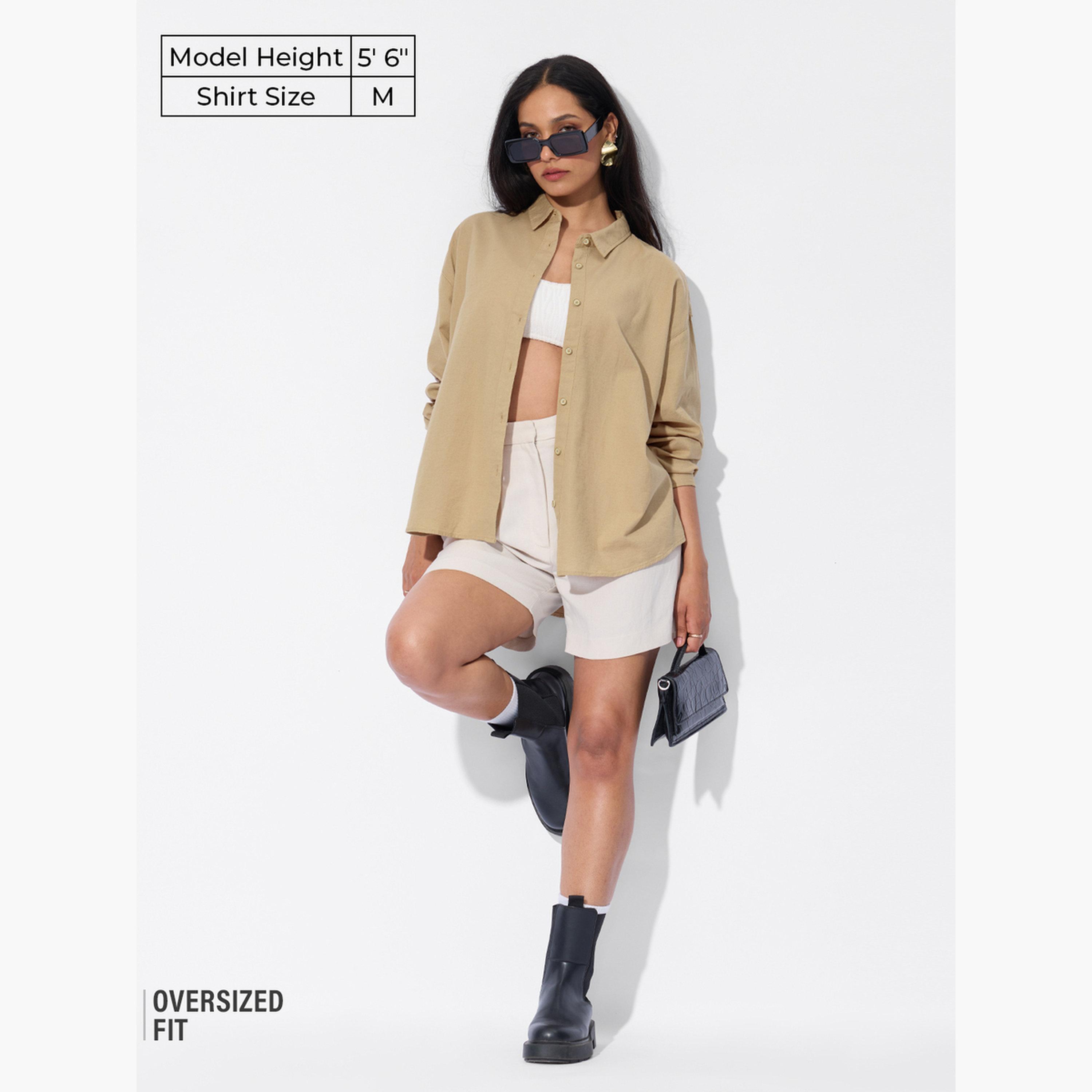 ذا سولد ستور × ستايلي - قميص بوي فريند قطن وكتان لون بيج-women-clothing-shirtsandblouses-shirts-image-2