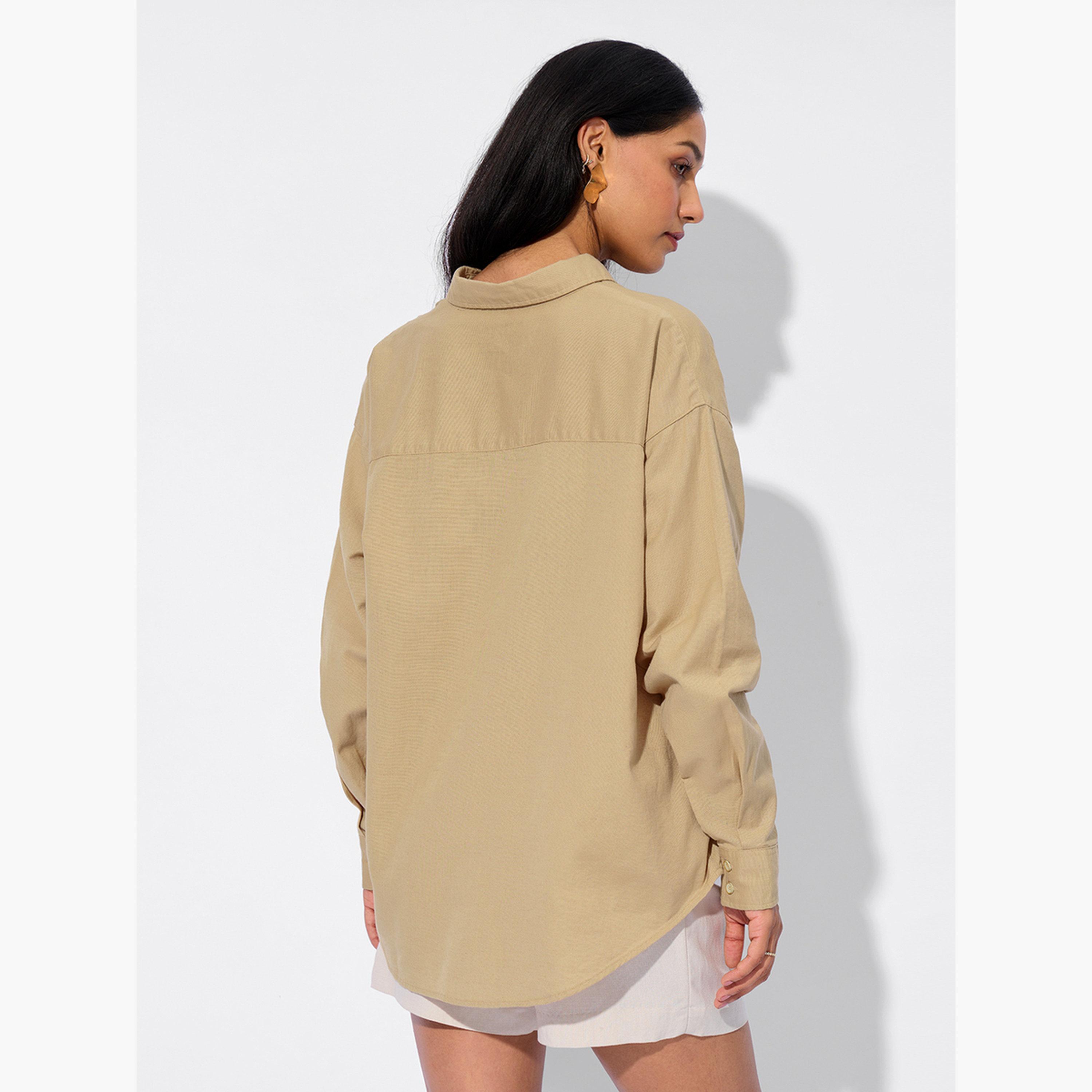 ذا سولد ستور × ستايلي - قميص بوي فريند قطن وكتان لون بيج-women-clothing-shirtsandblouses-shirts-image-4