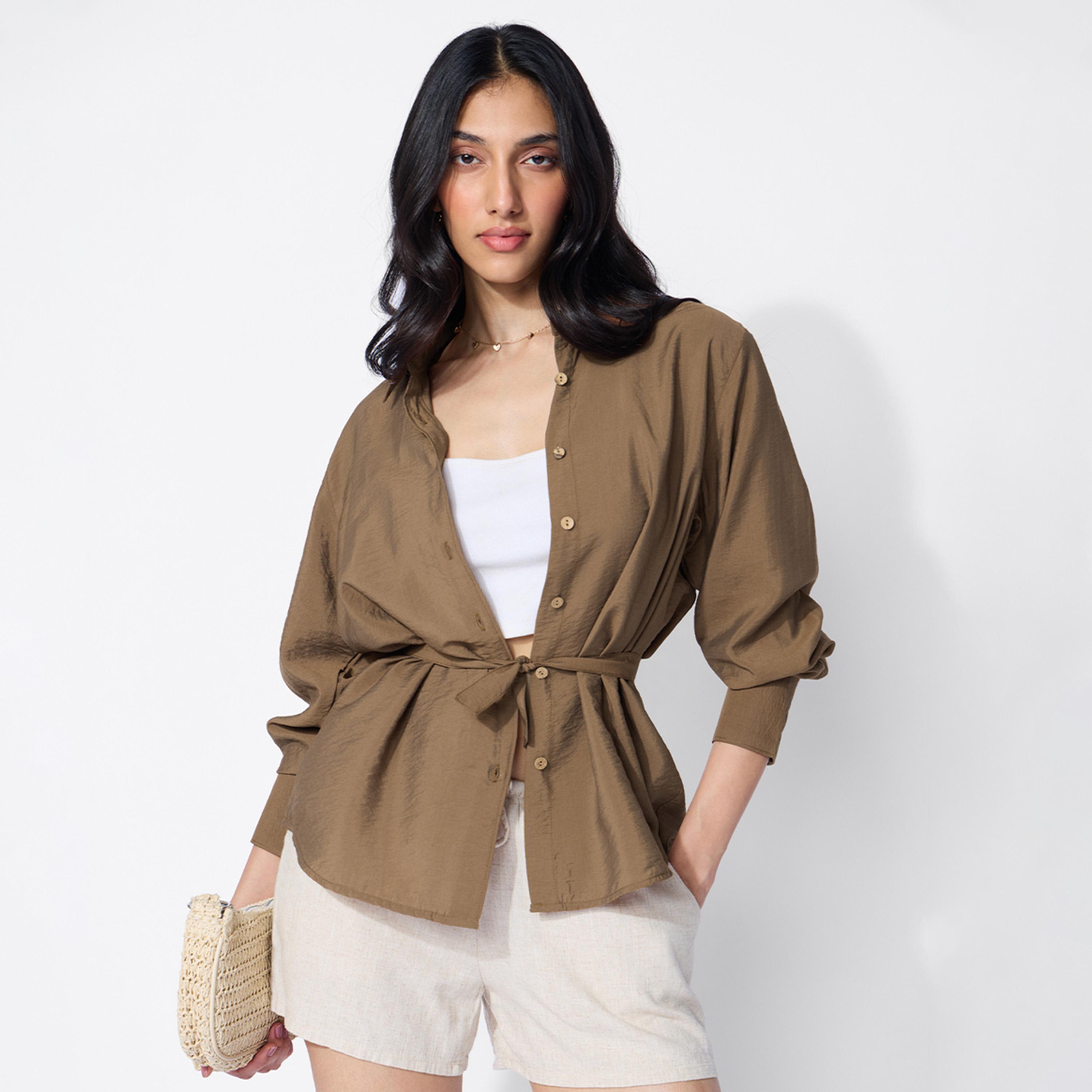 ذا سولد ستور × ستايلي - قميص بني بأكمام طويلة ورباط خلفي-women-clothing-shirtsandblouses-shirts-image-1