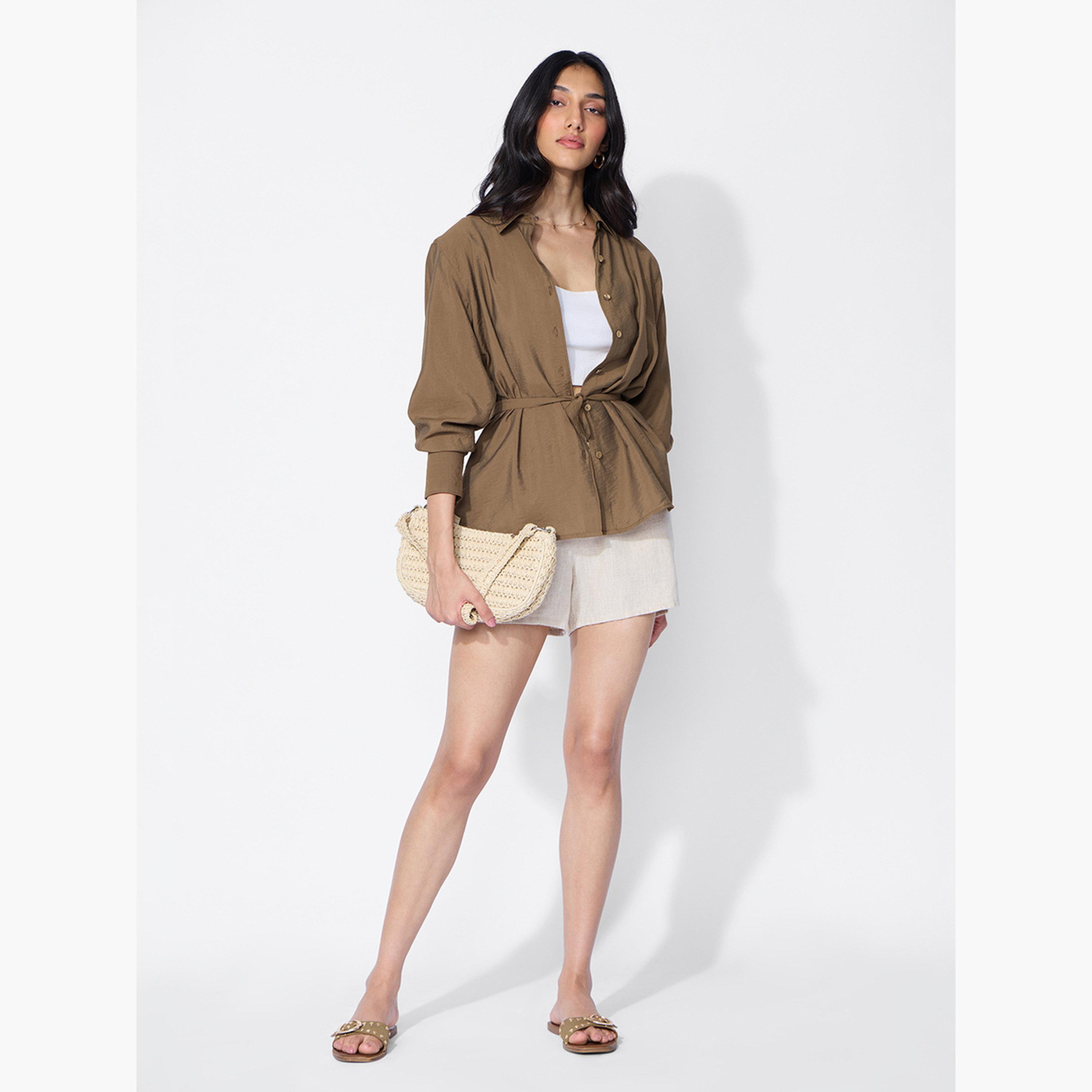 ذا سولد ستور × ستايلي - قميص بني بأكمام طويلة ورباط خلفي-women-clothing-shirtsandblouses-shirts-image-2