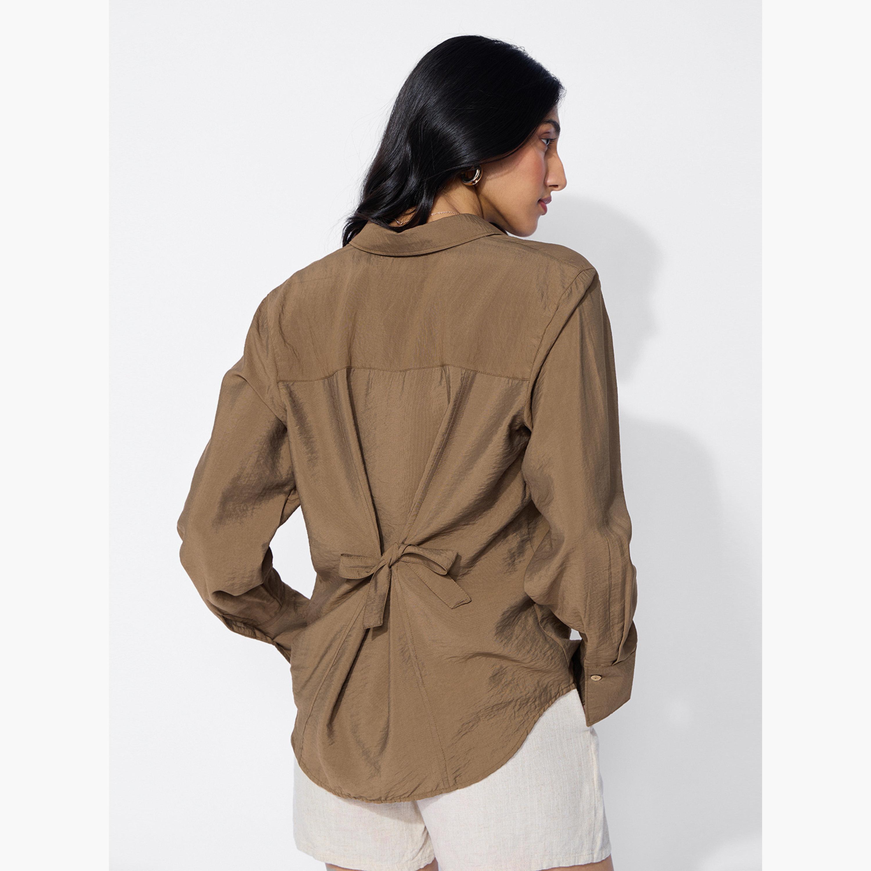 ذا سولد ستور × ستايلي - قميص بني بأكمام طويلة ورباط خلفي-women-clothing-shirtsandblouses-shirts-image-4