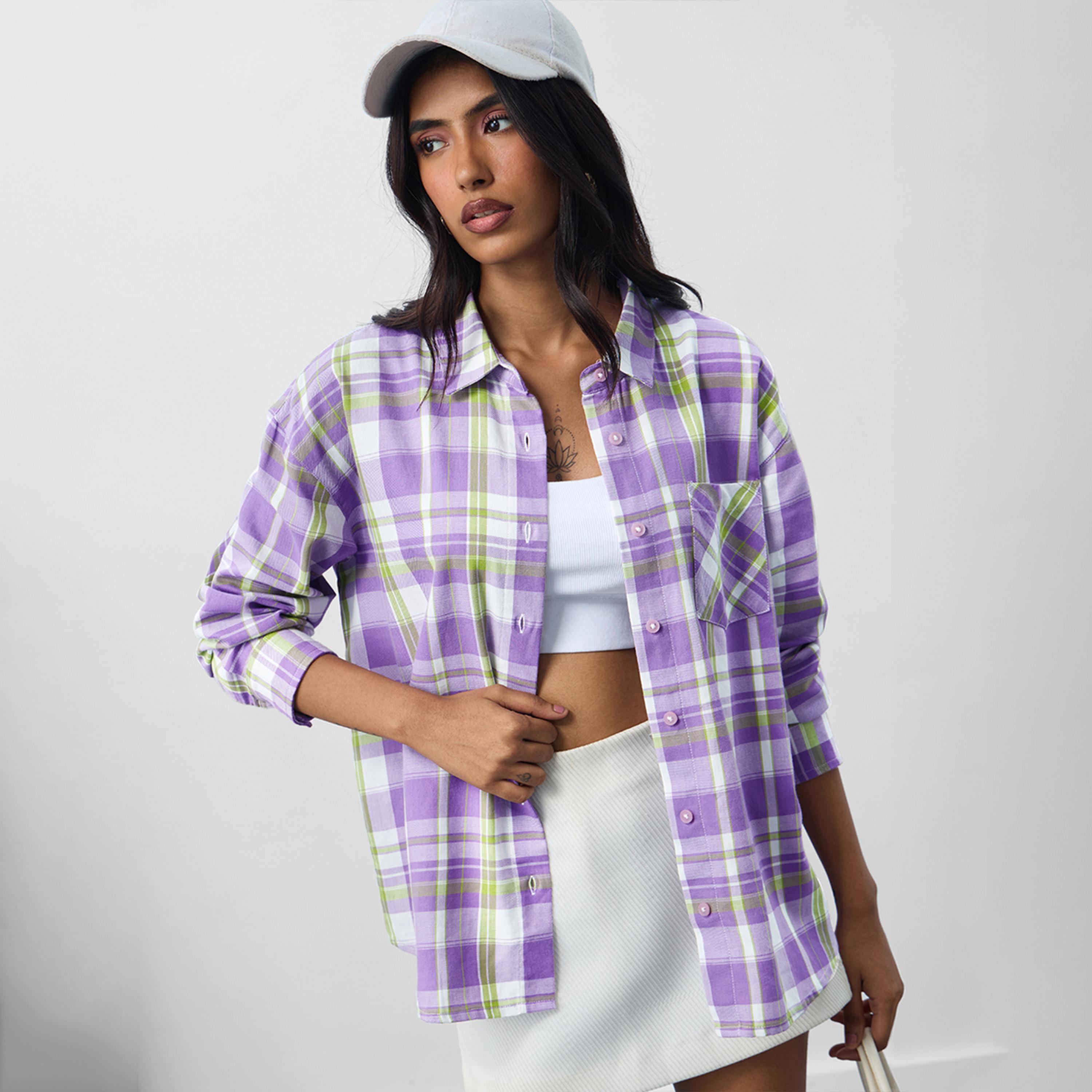 ذا سولد ستور × ستايلي - قميص بوي فريند منقوش أرجواني بأكمام طويلة-women-clothing-shirtsandblouses-shirts-image-1