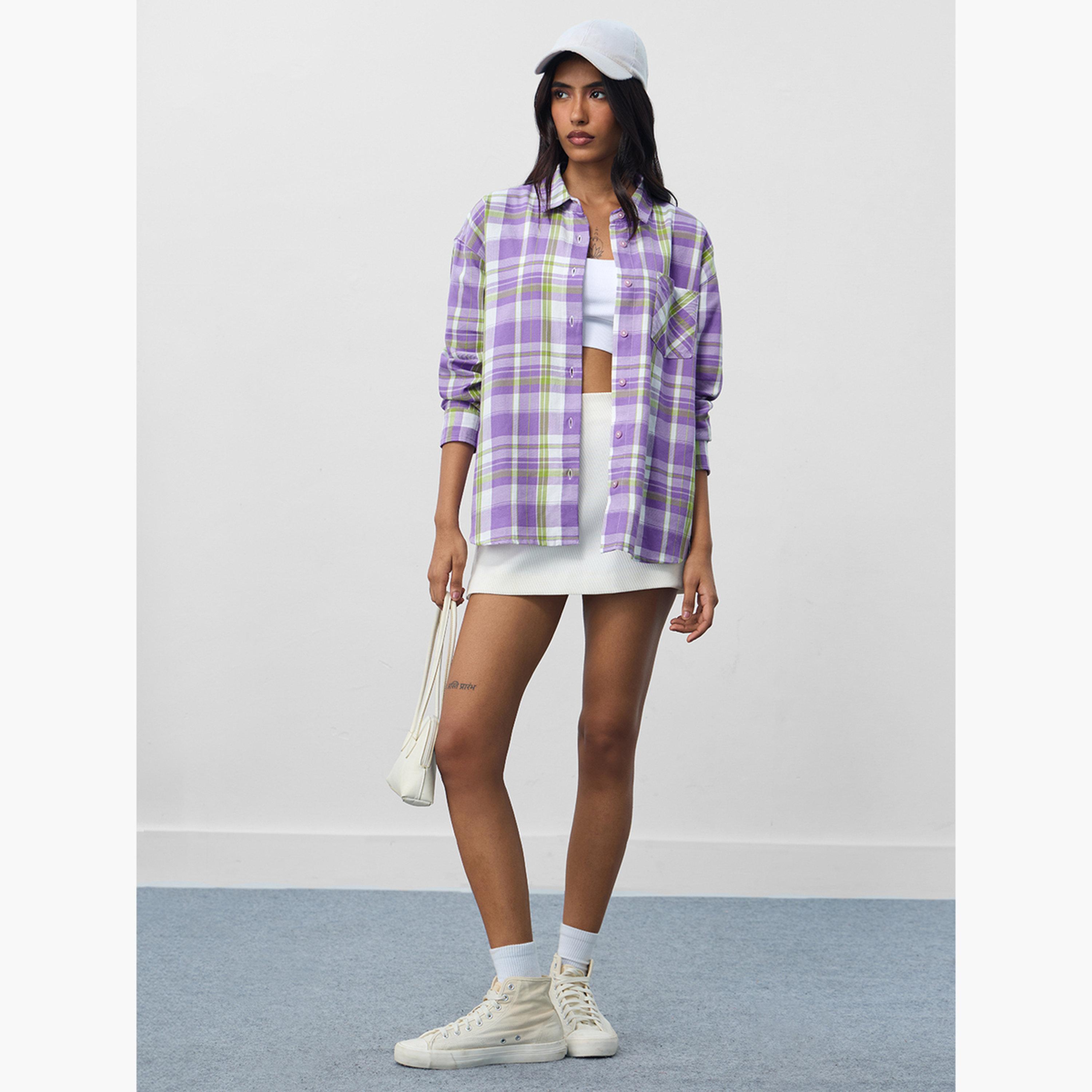 ذا سولد ستور × ستايلي - قميص بوي فريند منقوش أرجواني بأكمام طويلة-women-clothing-shirtsandblouses-shirts-image-2