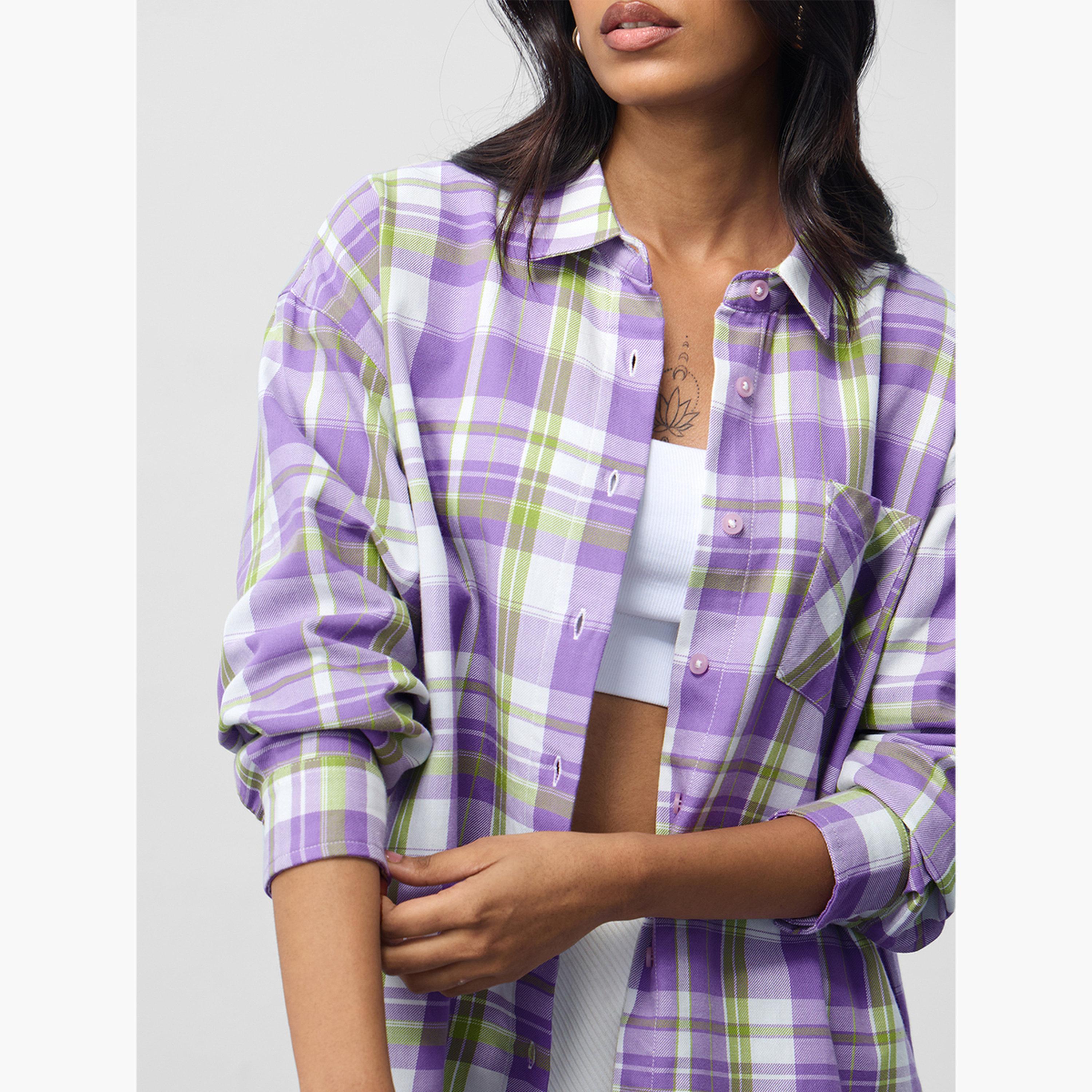 ذا سولد ستور × ستايلي - قميص بوي فريند منقوش أرجواني بأكمام طويلة-women-clothing-shirtsandblouses-shirts-image-4