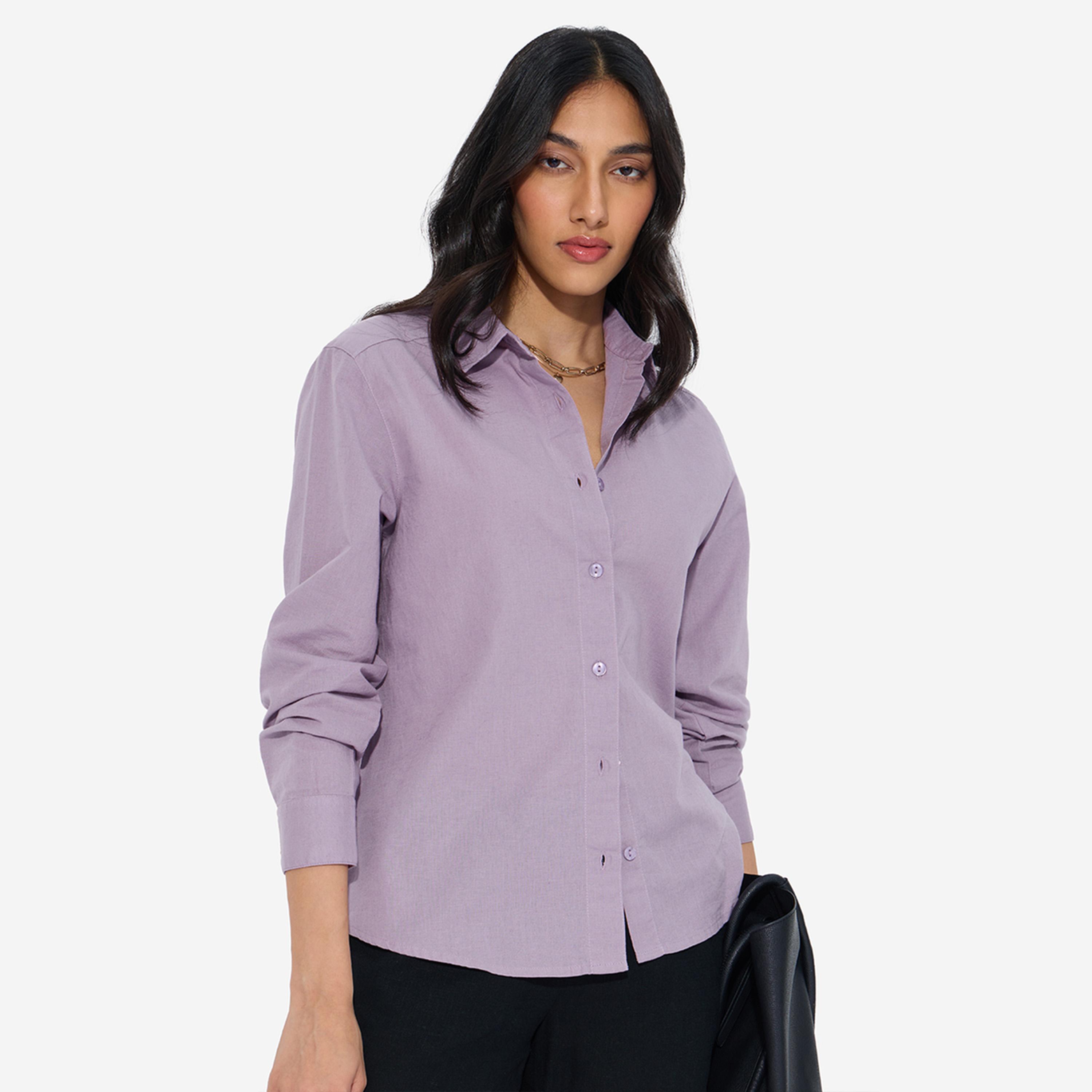 ذا سولد ستور × ستايلي - قميص سادة من القطن والكتان أرجواني اللون-women-clothing-shirtsandblouses-shirts-image-1