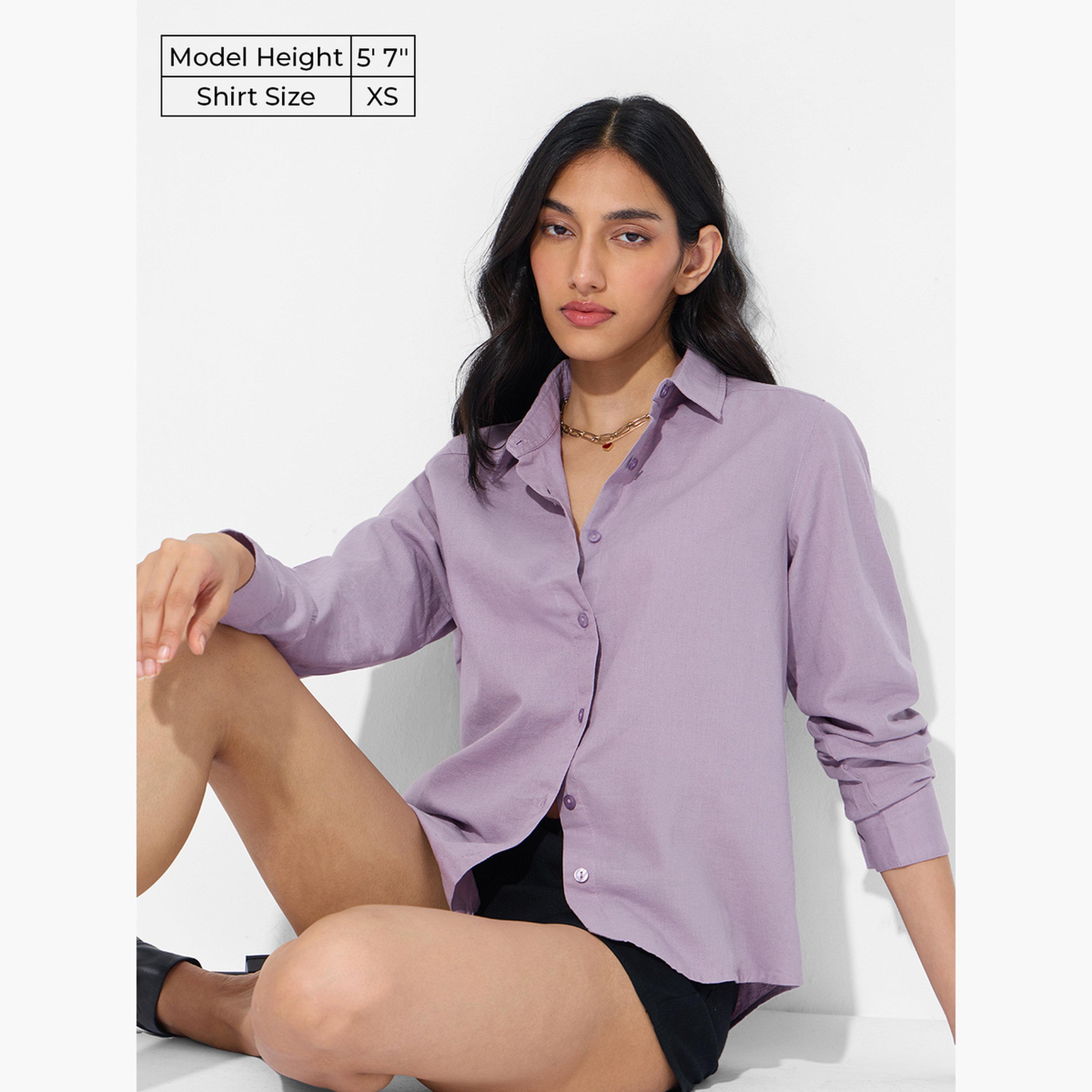 ذا سولد ستور × ستايلي - قميص سادة من القطن والكتان أرجواني اللون-women-clothing-shirtsandblouses-shirts-image-2