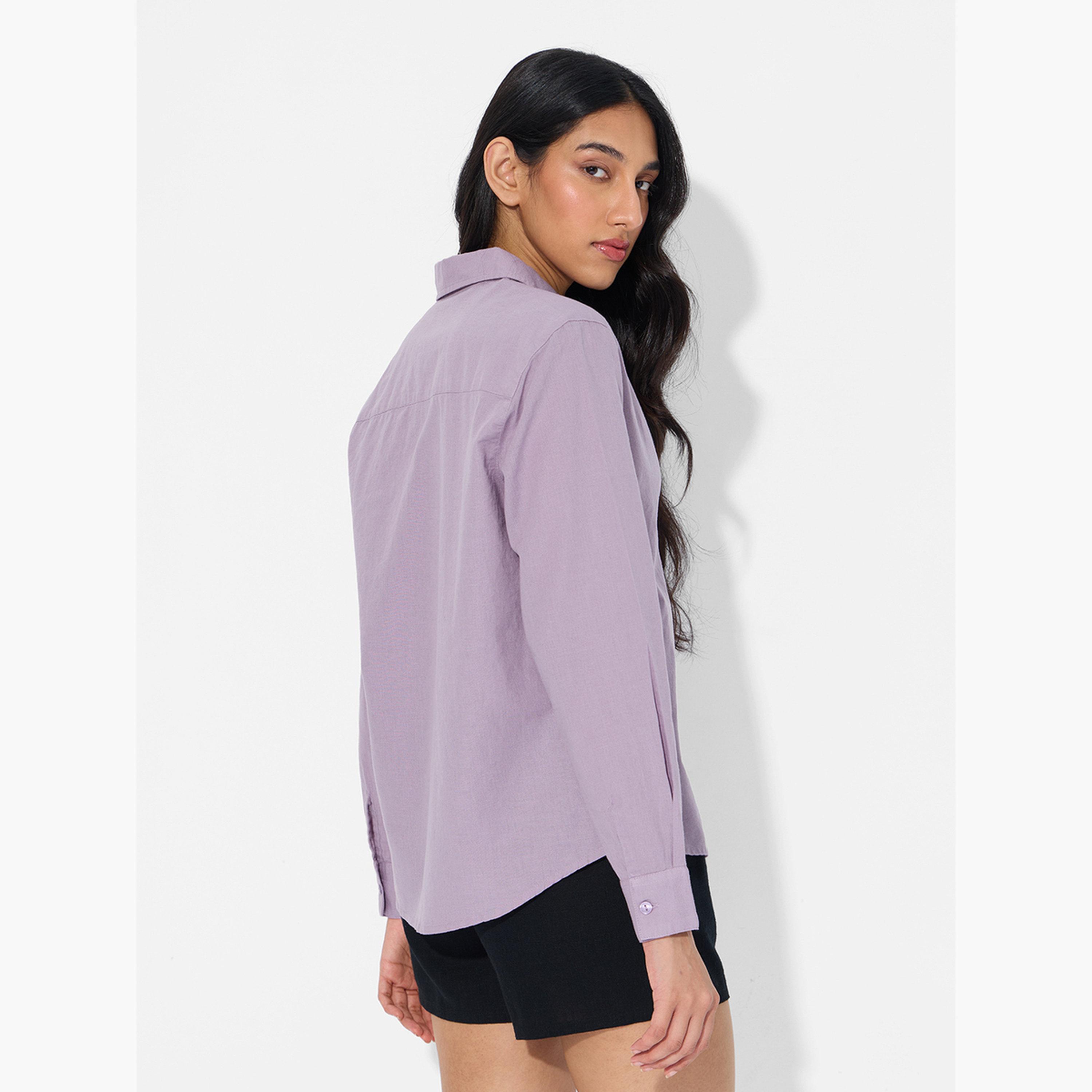ذا سولد ستور × ستايلي - قميص سادة من القطن والكتان أرجواني اللون-women-clothing-shirtsandblouses-shirts-image-3