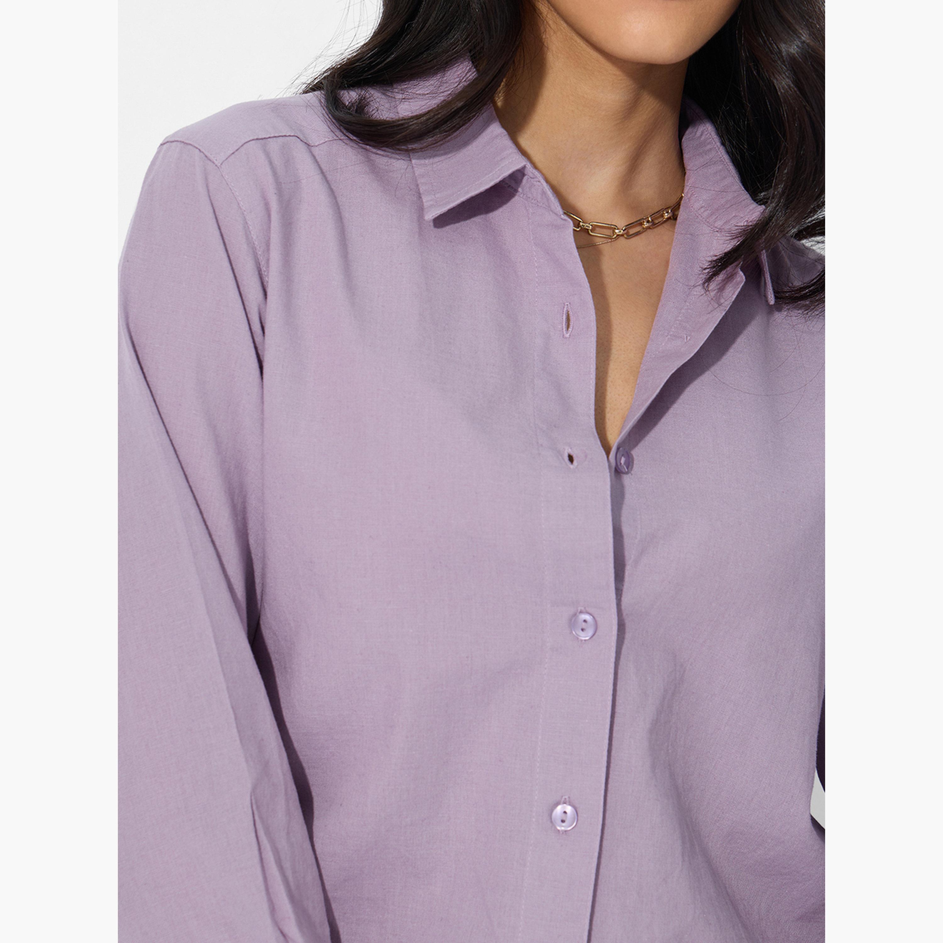 ذا سولد ستور × ستايلي - قميص سادة من القطن والكتان أرجواني اللون-women-clothing-shirtsandblouses-shirts-image-4