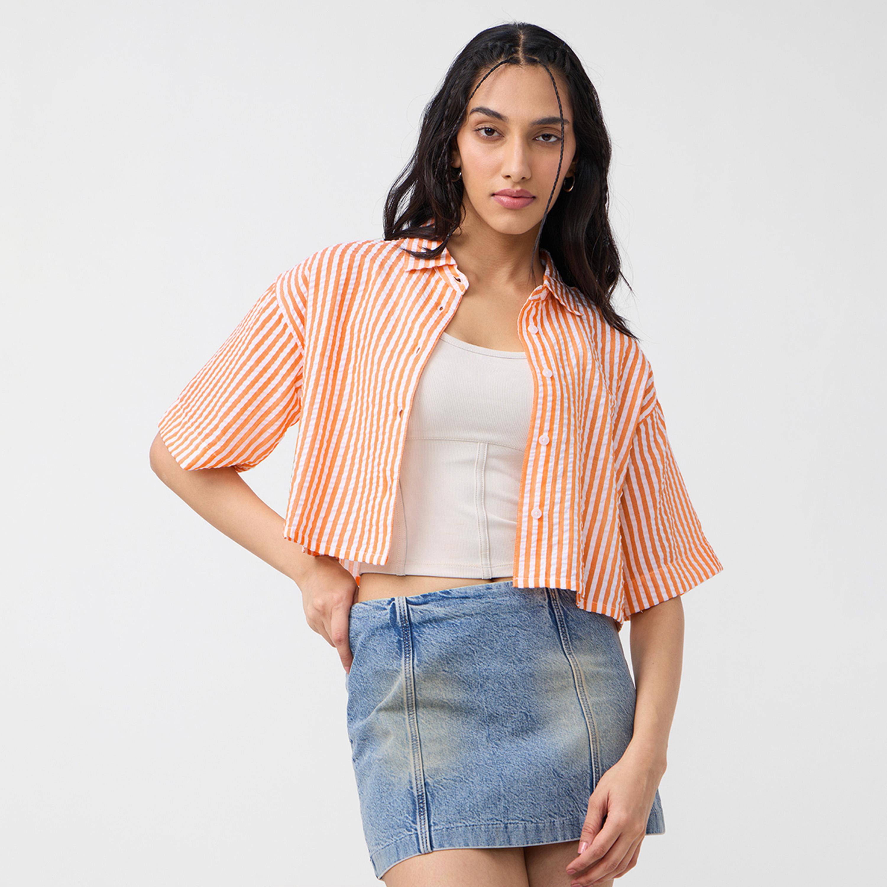 The Souled Store X Styli Orange Striped Textured Crop Shirt-women-clothing-shirtsandblouses-shirts-image-1