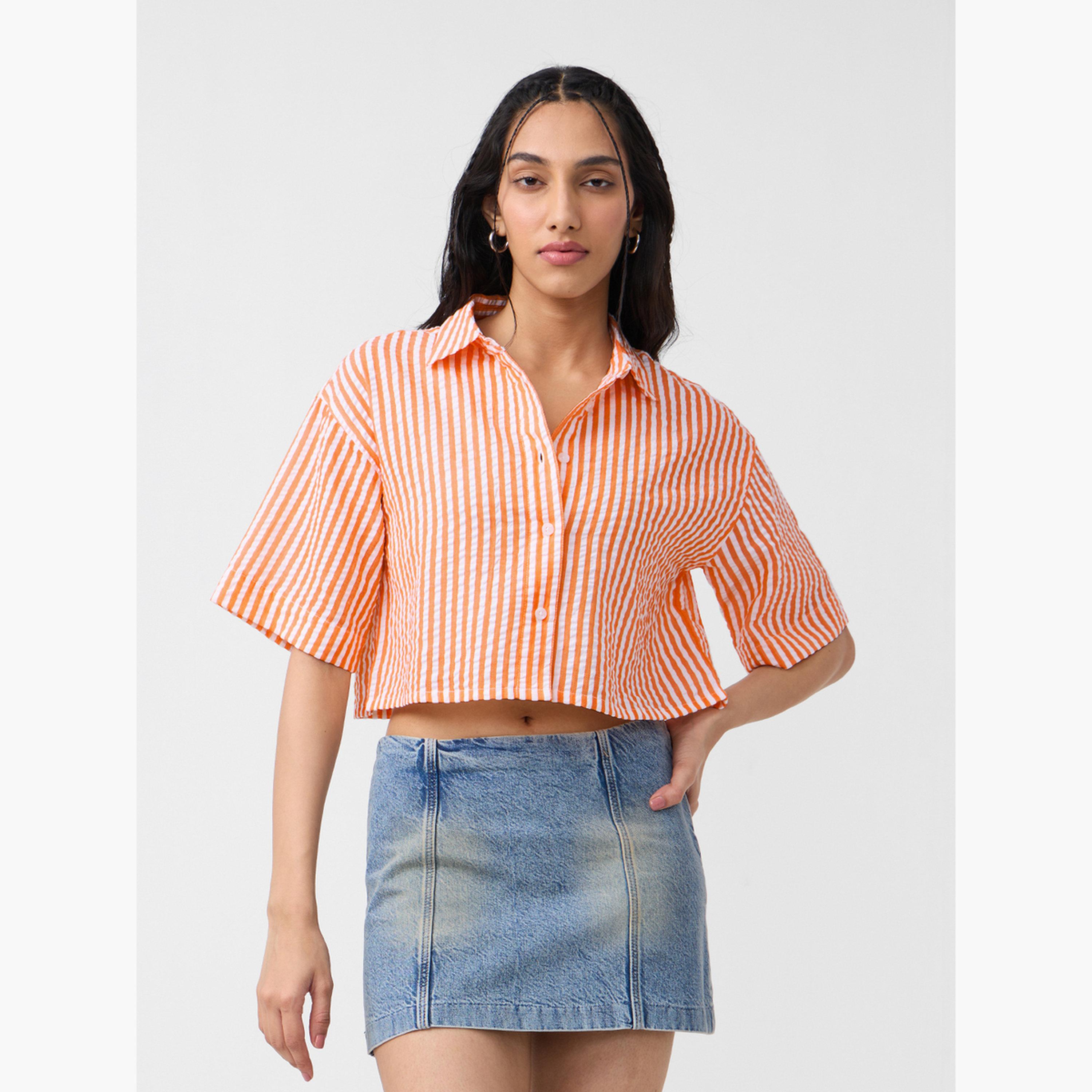 The Souled Store X Styli Orange Striped Textured Crop Shirt-women-clothing-shirtsandblouses-shirts-image-3