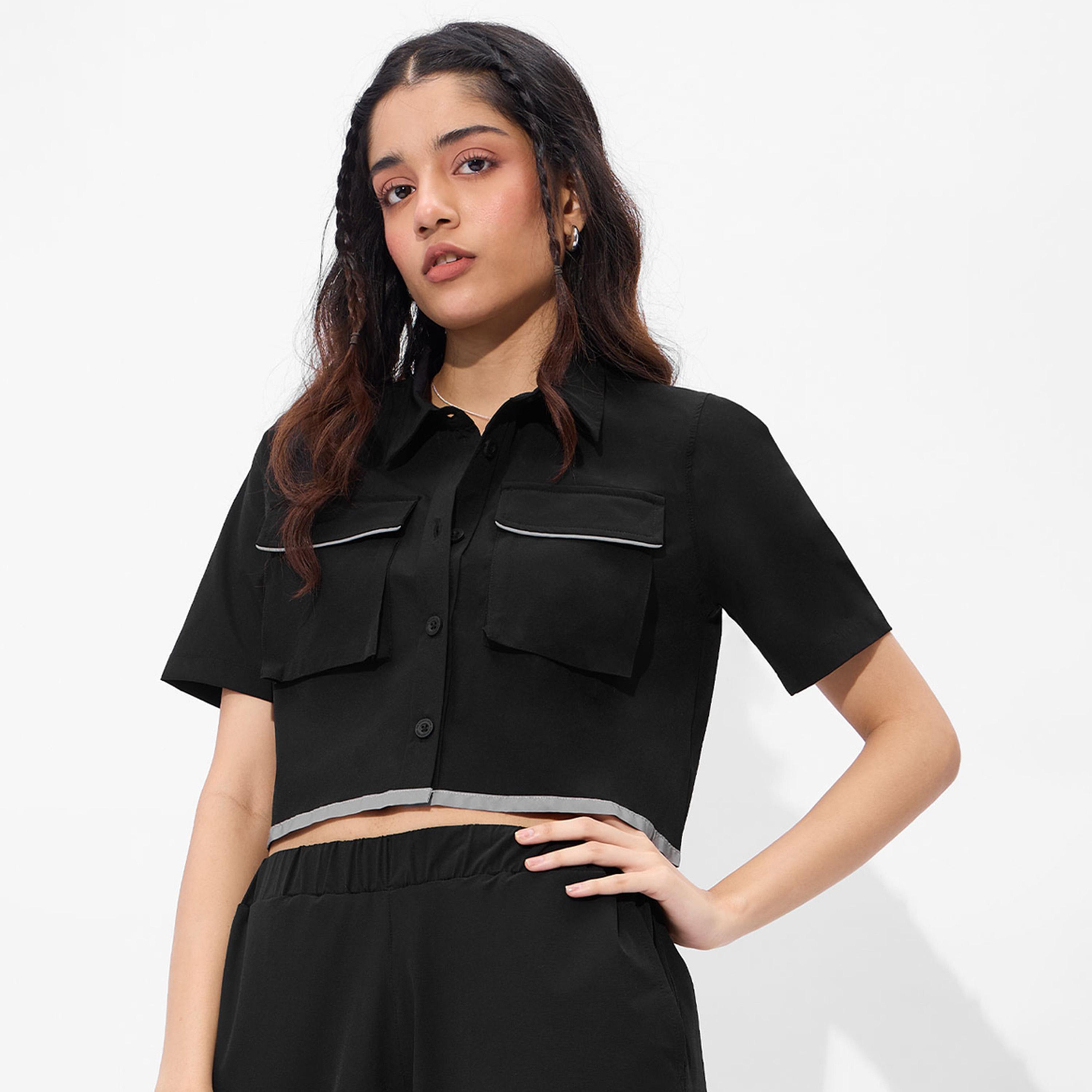 The Souled Store X Styli Black Crop Shirt with Flap Pocket-women-clothing-shirtsandblouses-shirts-image-1
