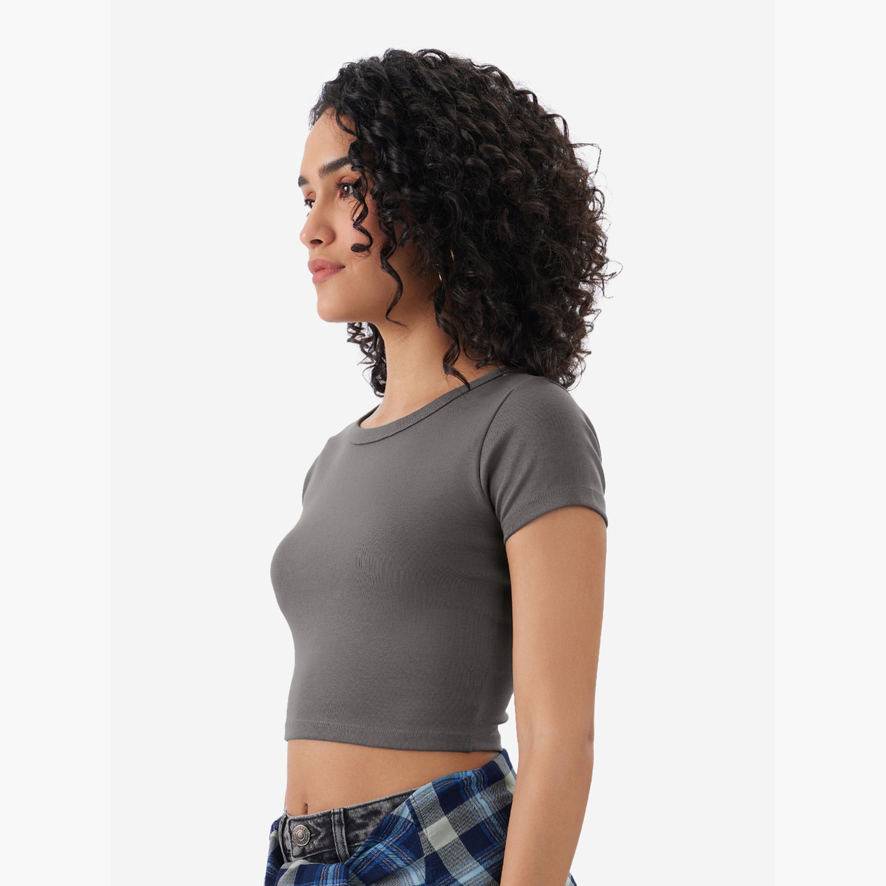 The Souled Store X Styli Grey Fitted Crop T-Shirt-women-clothing-tshirts-image-3