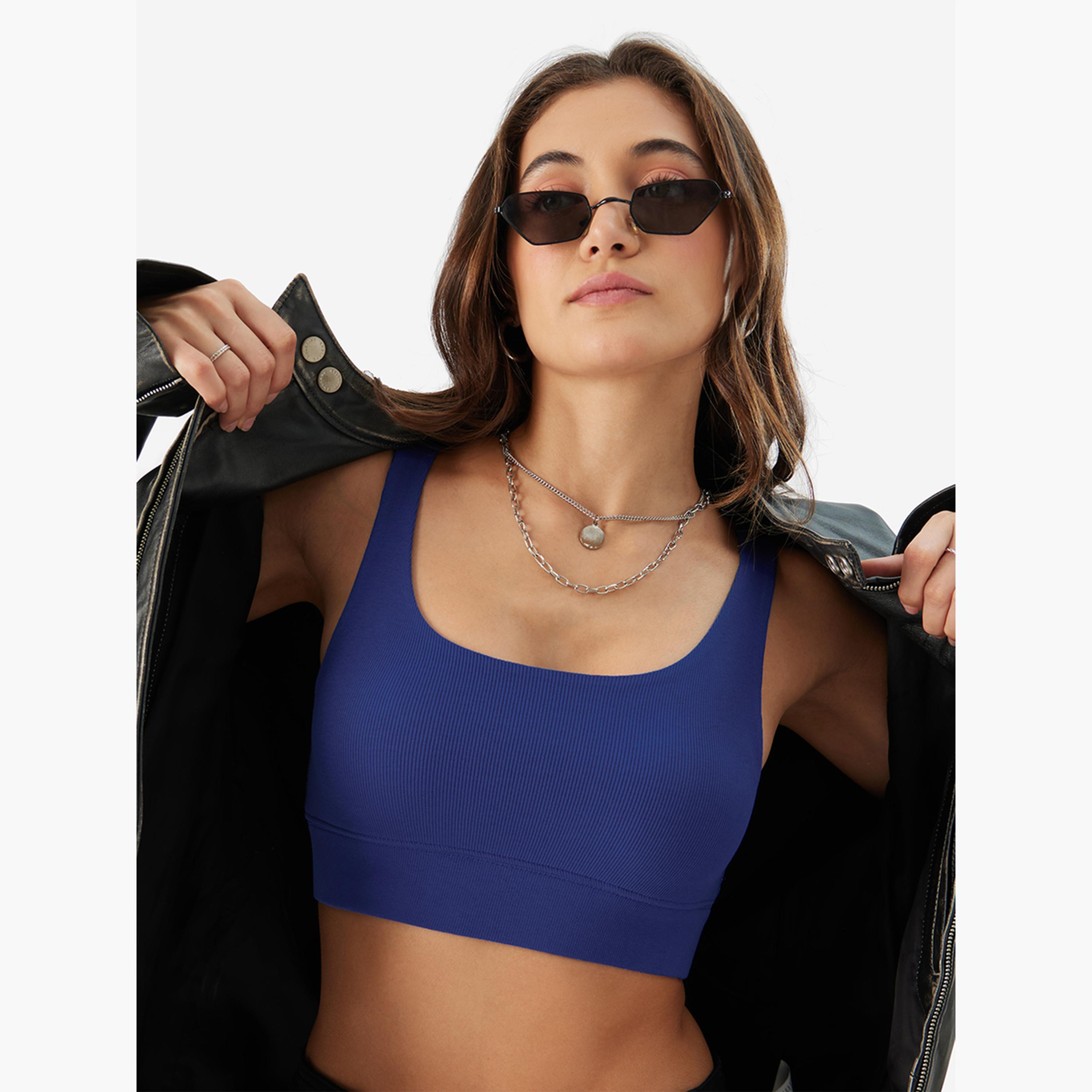 The Souled Store X Styli Blue Scoop Neck Ribbed Bralette-women-clothing-tshirts-image-1