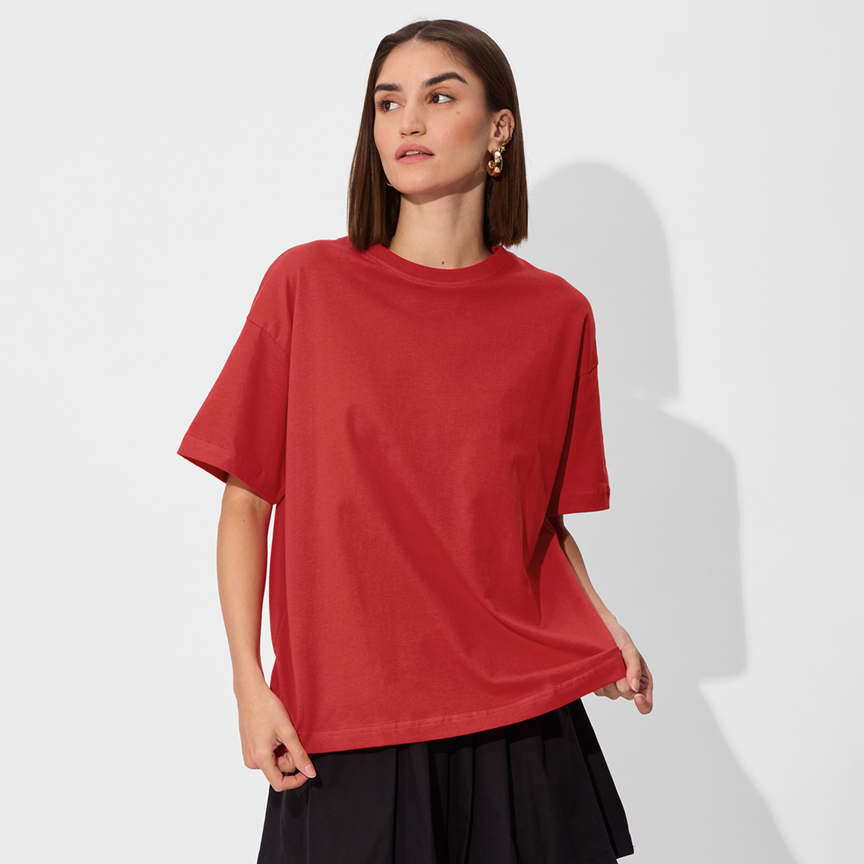 The Souled Store X Styli Red Crew Neck Oversized T-Shirt-women-clothing-tshirts-image-1
