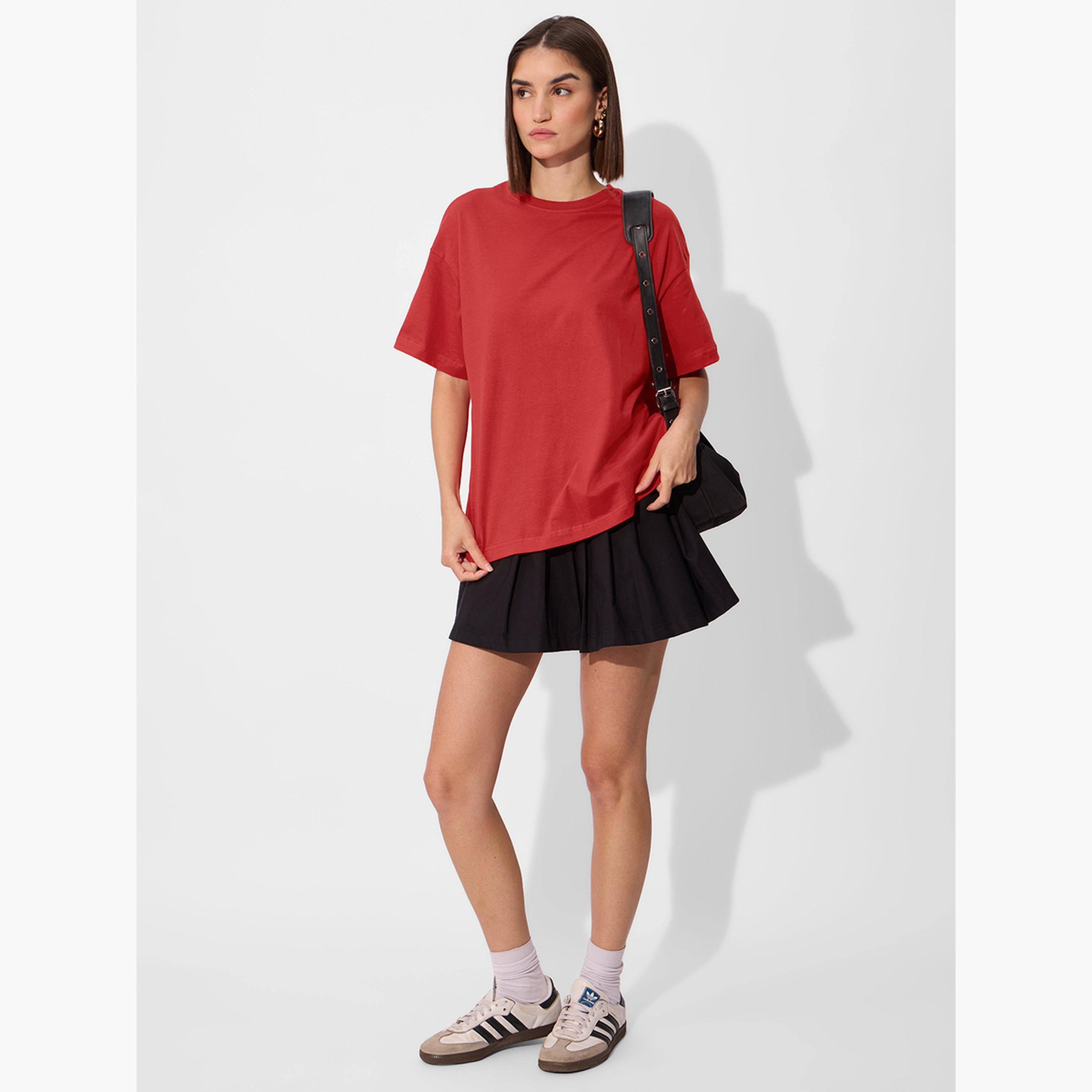The Souled Store X Styli Red Crew Neck Oversized T-Shirt-women-clothing-tshirts-image-2