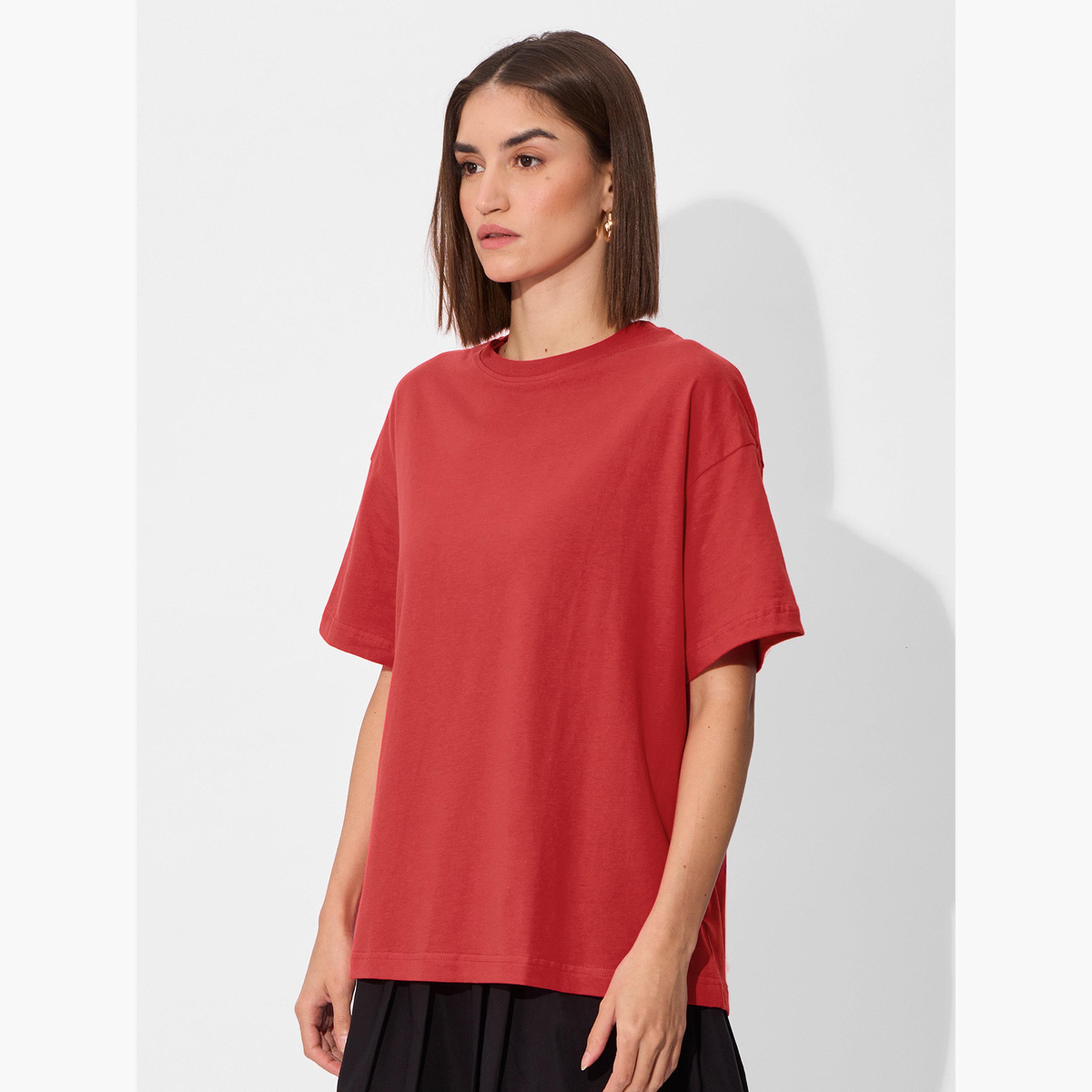 The Souled Store X Styli Red Crew Neck Oversized T-Shirt-women-clothing-tshirts-image-4