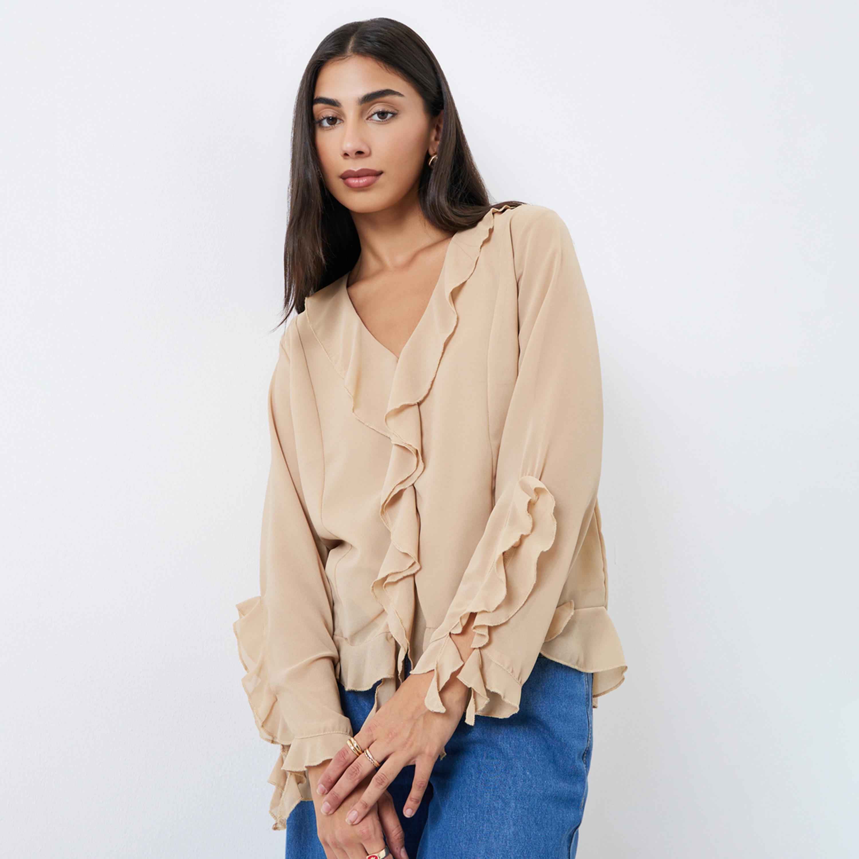 ستايلي - بلوزة شيفون بيج بتفاصيل كشكشة وفتحة رقبة على شكل حرف V-women-clothing-shirtsandblouses-blouses-image-1