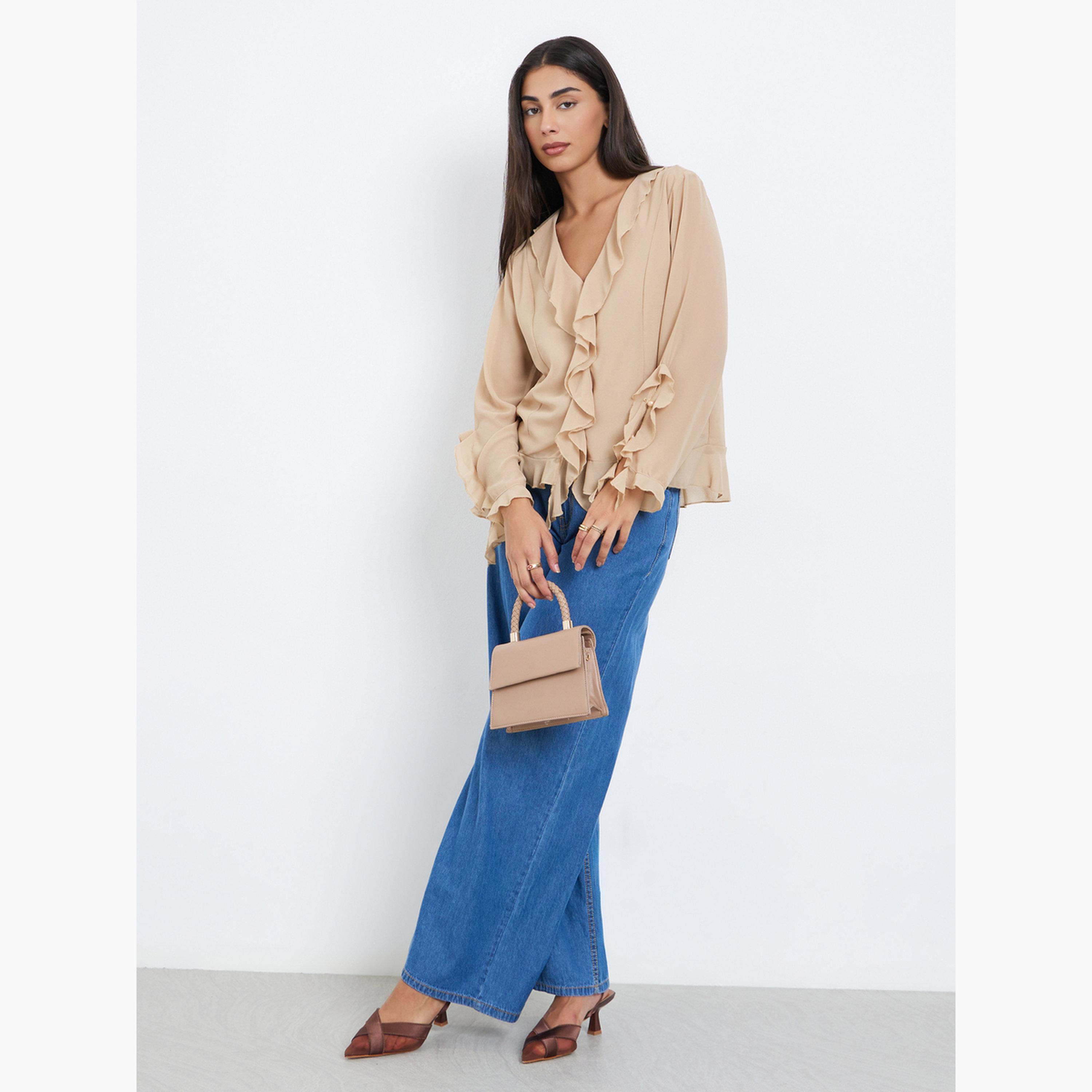 ستايلي - بلوزة شيفون بيج بتفاصيل كشكشة وفتحة رقبة على شكل حرف V-women-clothing-shirtsandblouses-blouses-image-2