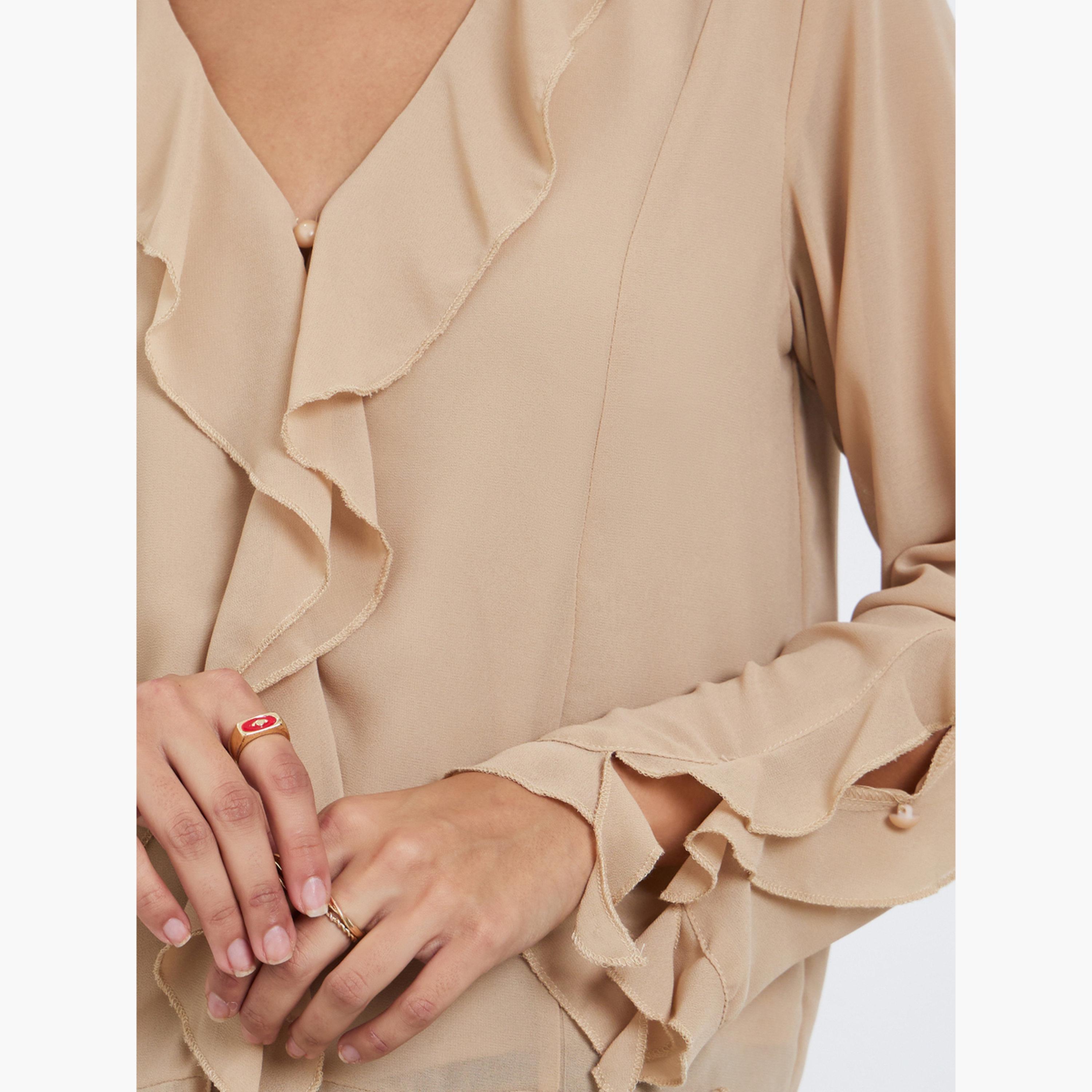 ستايلي - بلوزة شيفون بيج بتفاصيل كشكشة وفتحة رقبة على شكل حرف V-women-clothing-shirtsandblouses-blouses-image-3