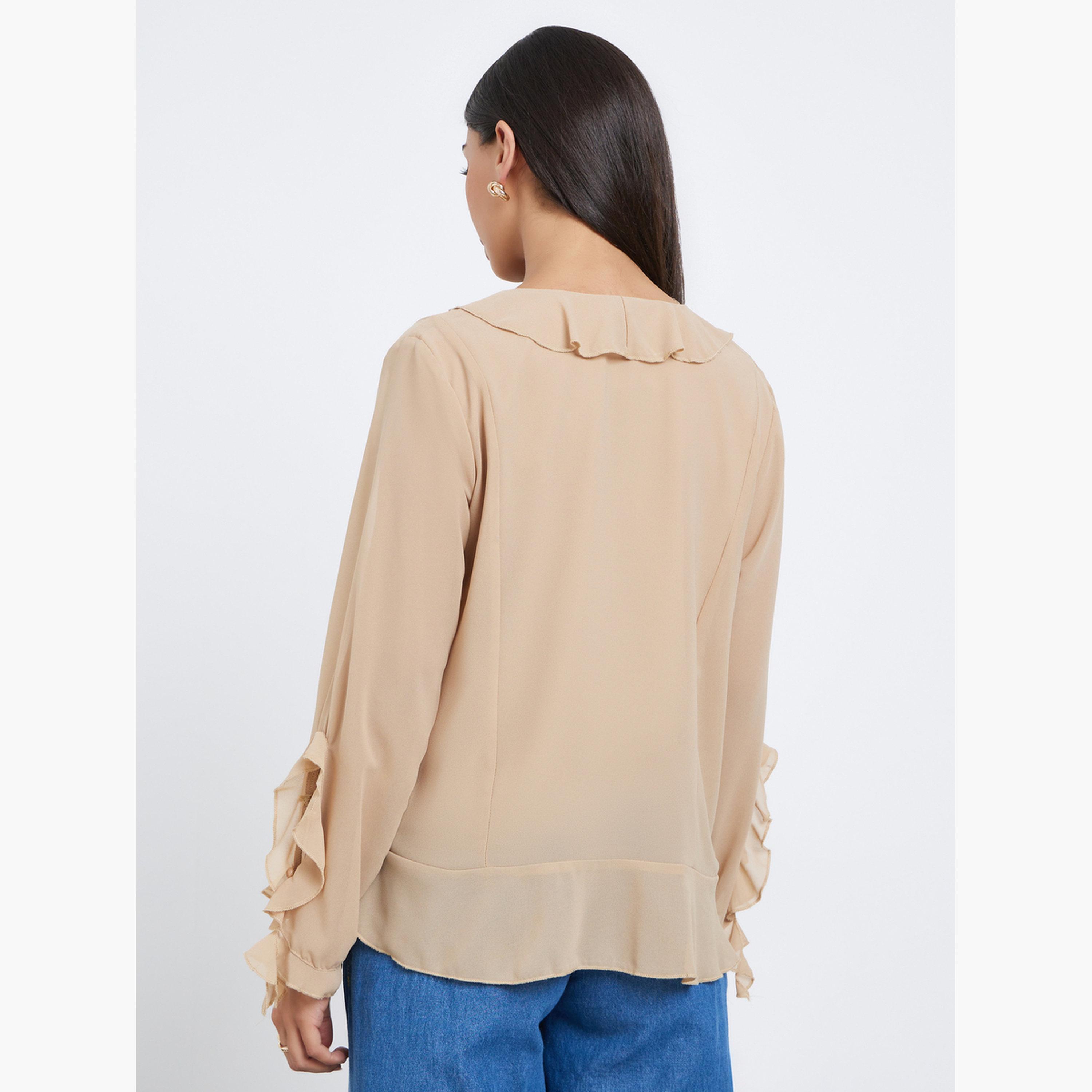 ستايلي - بلوزة شيفون بيج بتفاصيل كشكشة وفتحة رقبة على شكل حرف V-women-clothing-shirtsandblouses-blouses-image-4