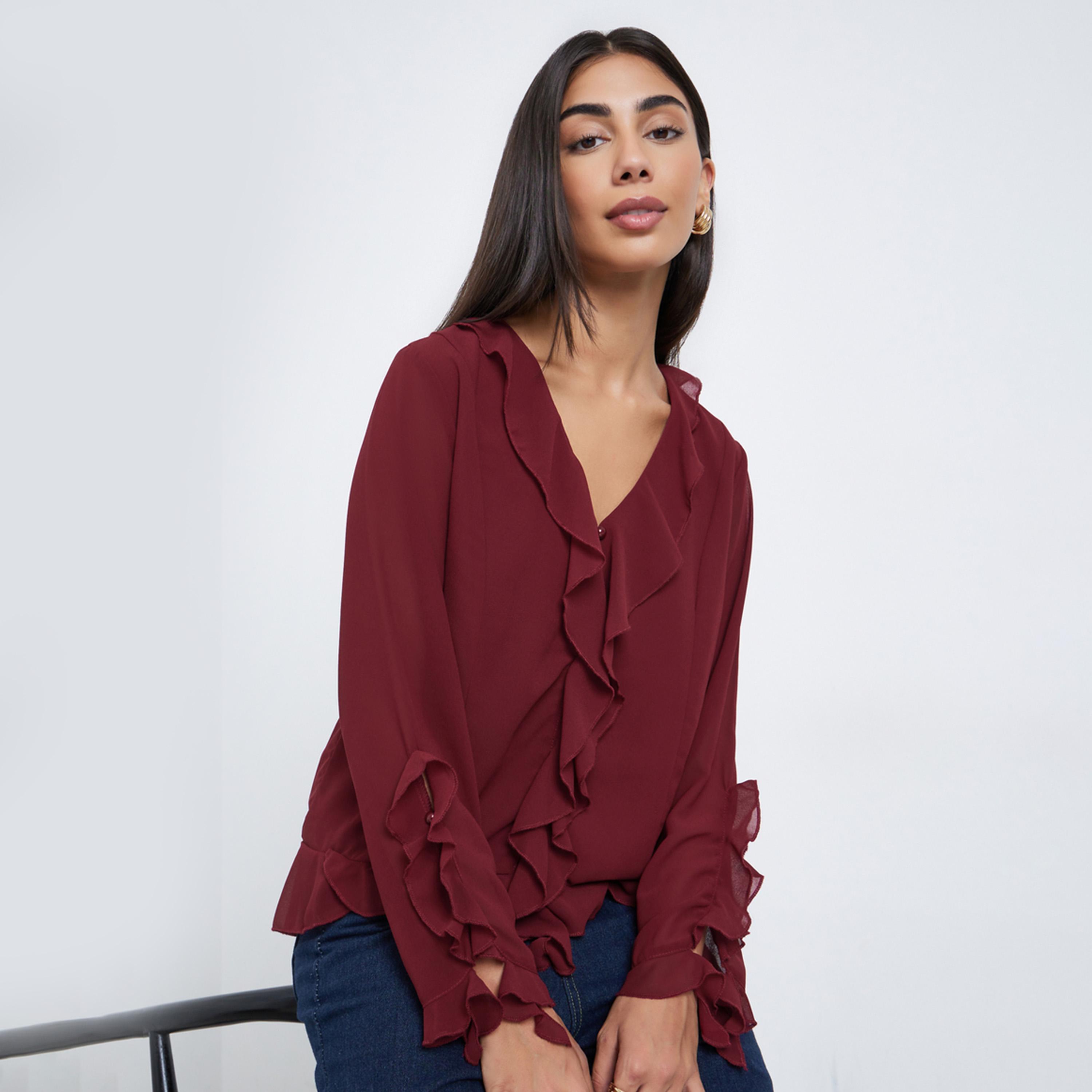 Styli Maroon Frill Detail V Neck Chiffon Blouse-women-clothing-shirtsandblouses-blouses-image-1