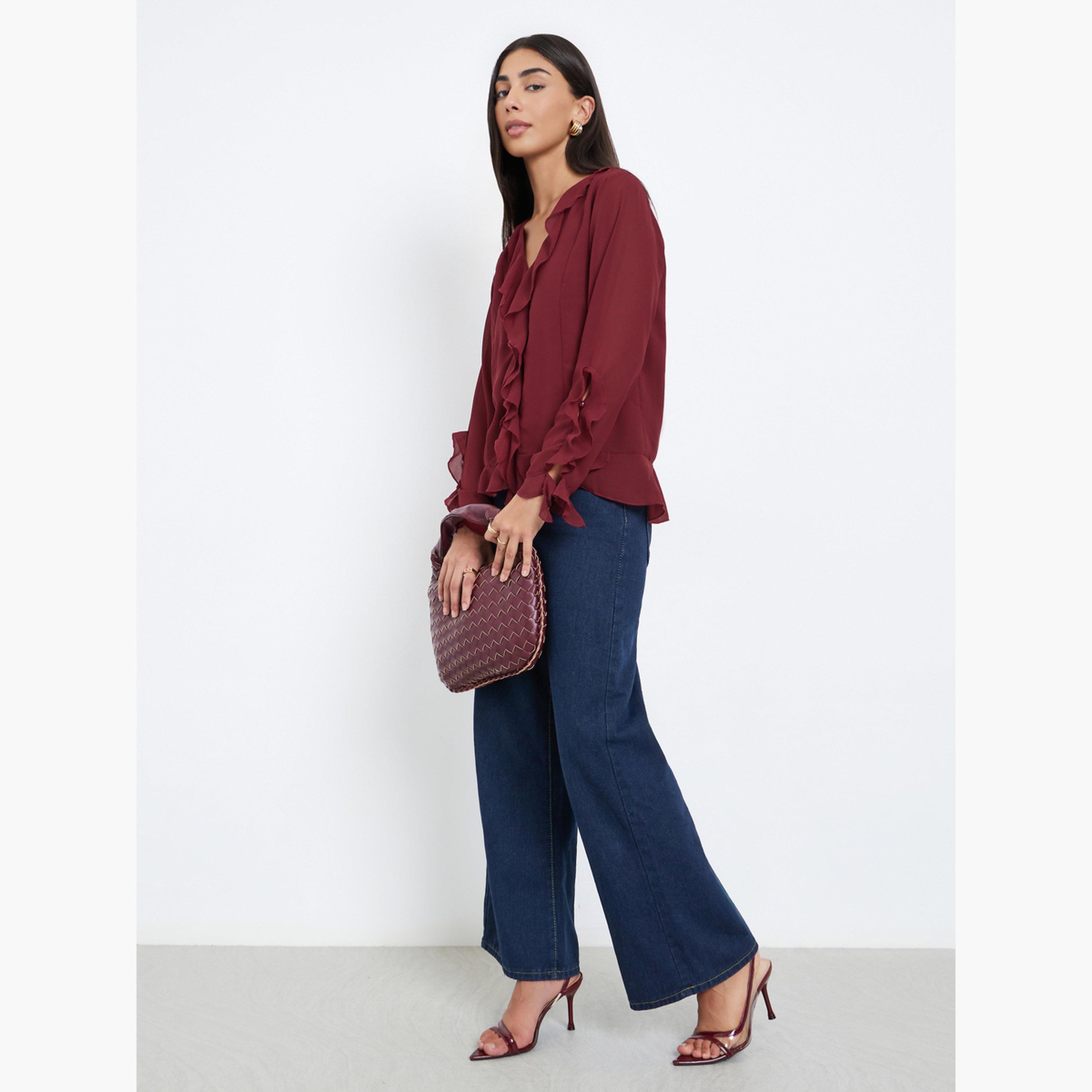Styli Maroon Frill Detail V Neck Chiffon Blouse-women-clothing-shirtsandblouses-blouses-image-2