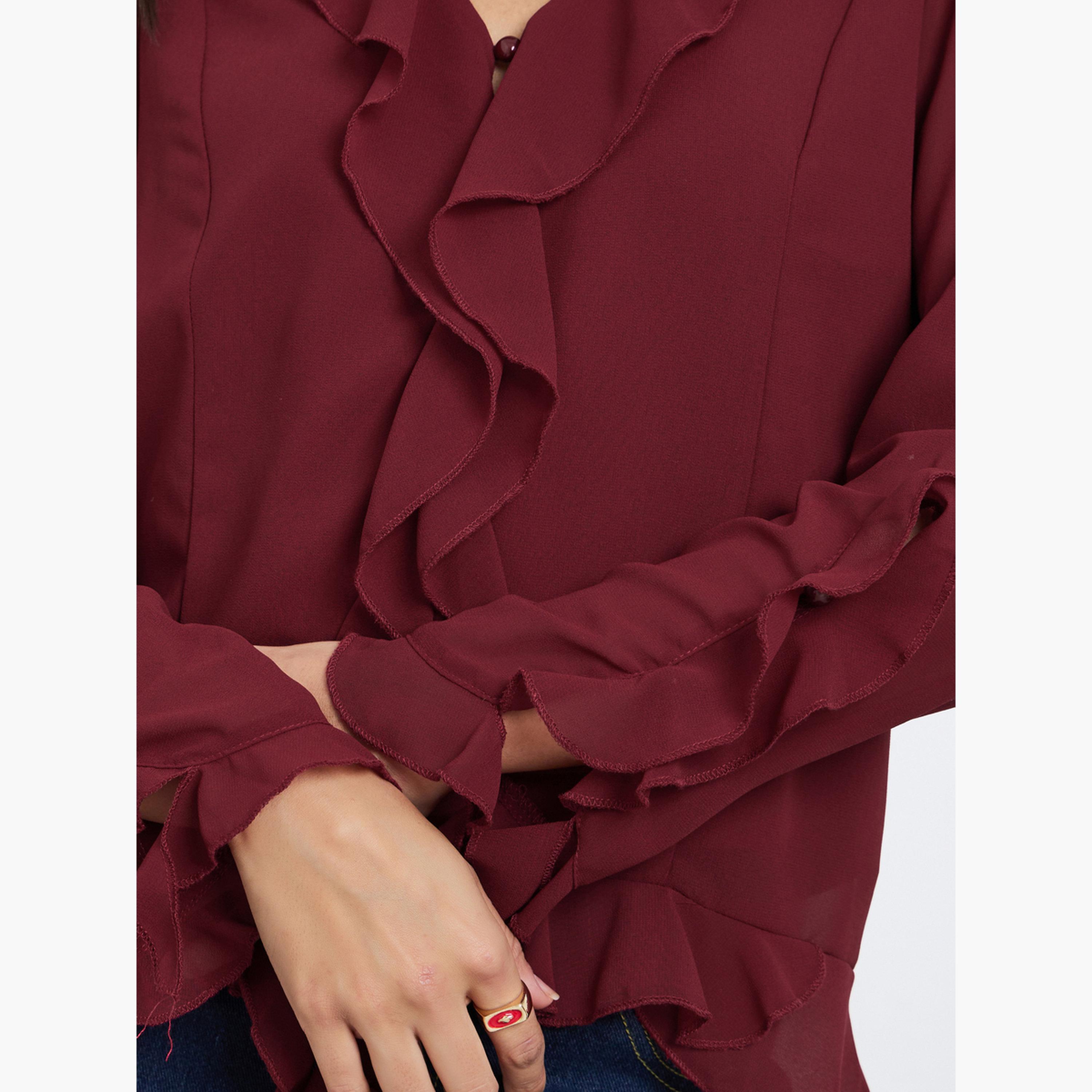 Styli Maroon Frill Detail V Neck Chiffon Blouse-women-clothing-shirtsandblouses-blouses-image-3