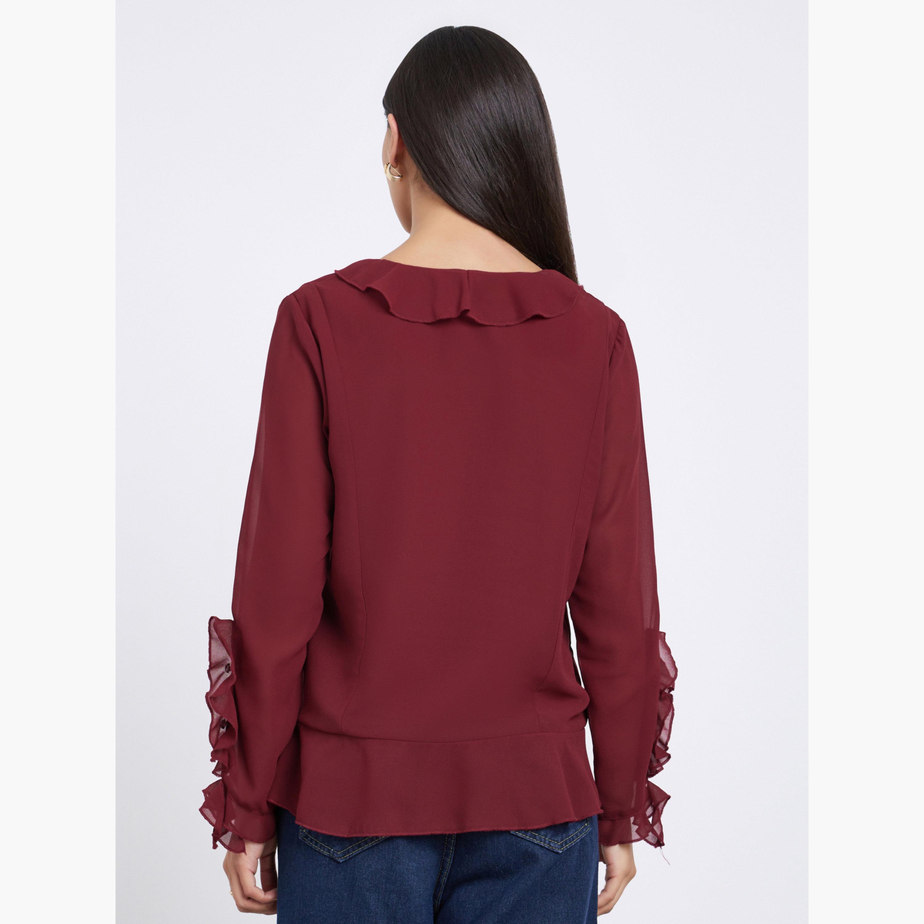 Styli Maroon Frill Detail V Neck Chiffon Blouse-women-clothing-shirtsandblouses-blouses-image-4