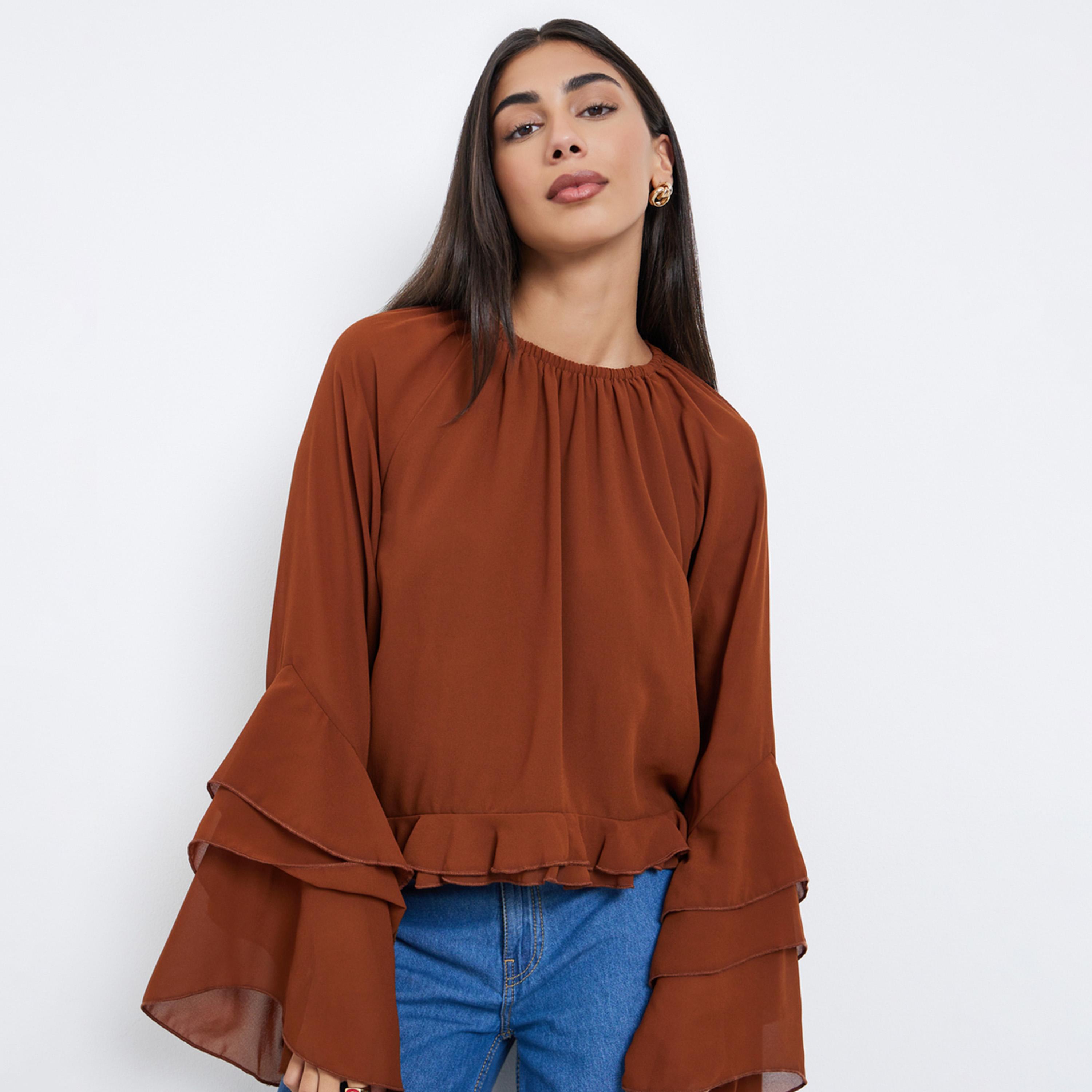 Styli Brown Solid Frill Detailing Bell Sleeves Chiffon Blouse-women-clothing-shirtsandblouses-blouses-image-1
