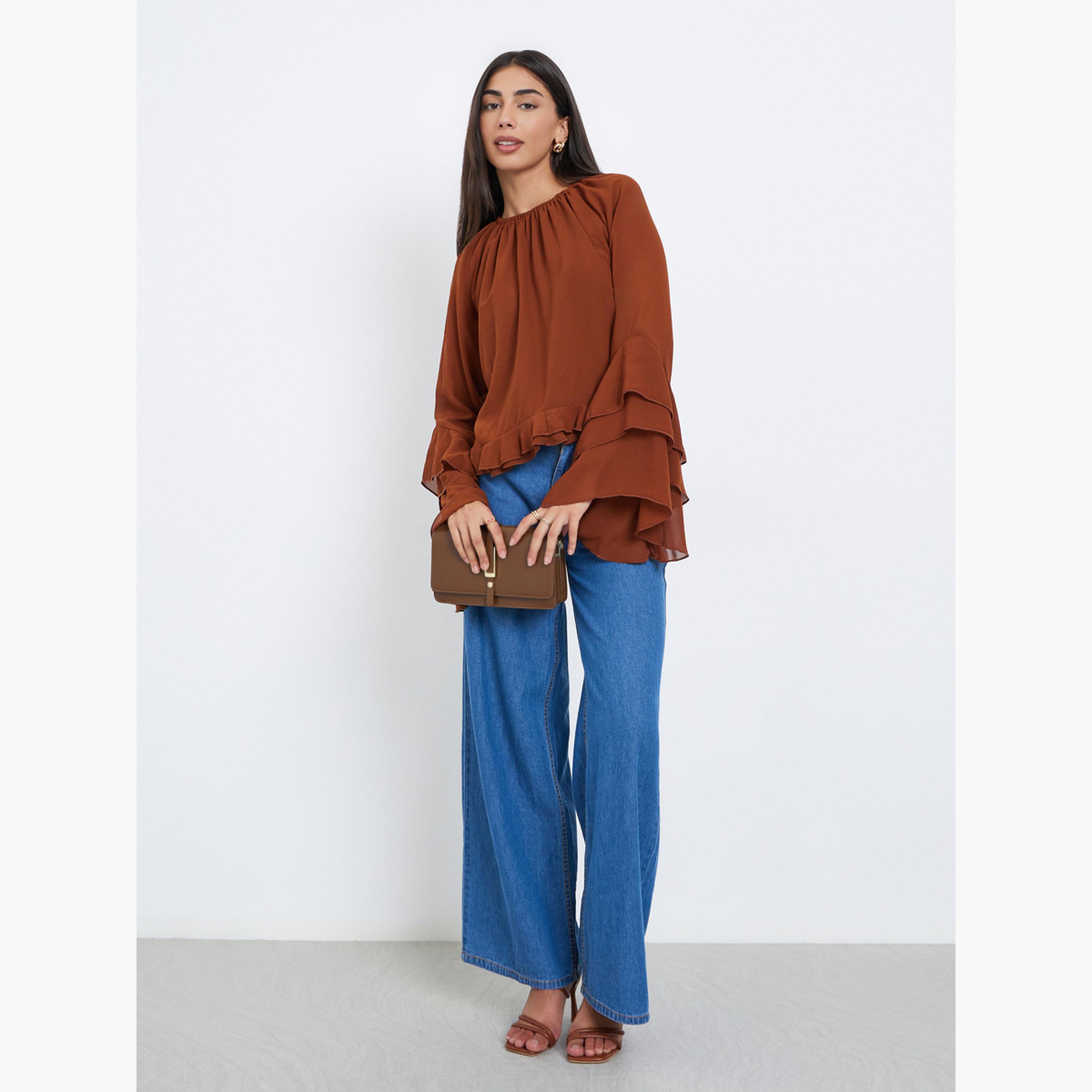 ستايلي - بلوزة شيفون بنية اللون بأكمام جرس وتفاصيل كشكشة-women-clothing-shirtsandblouses-blouses-image-2