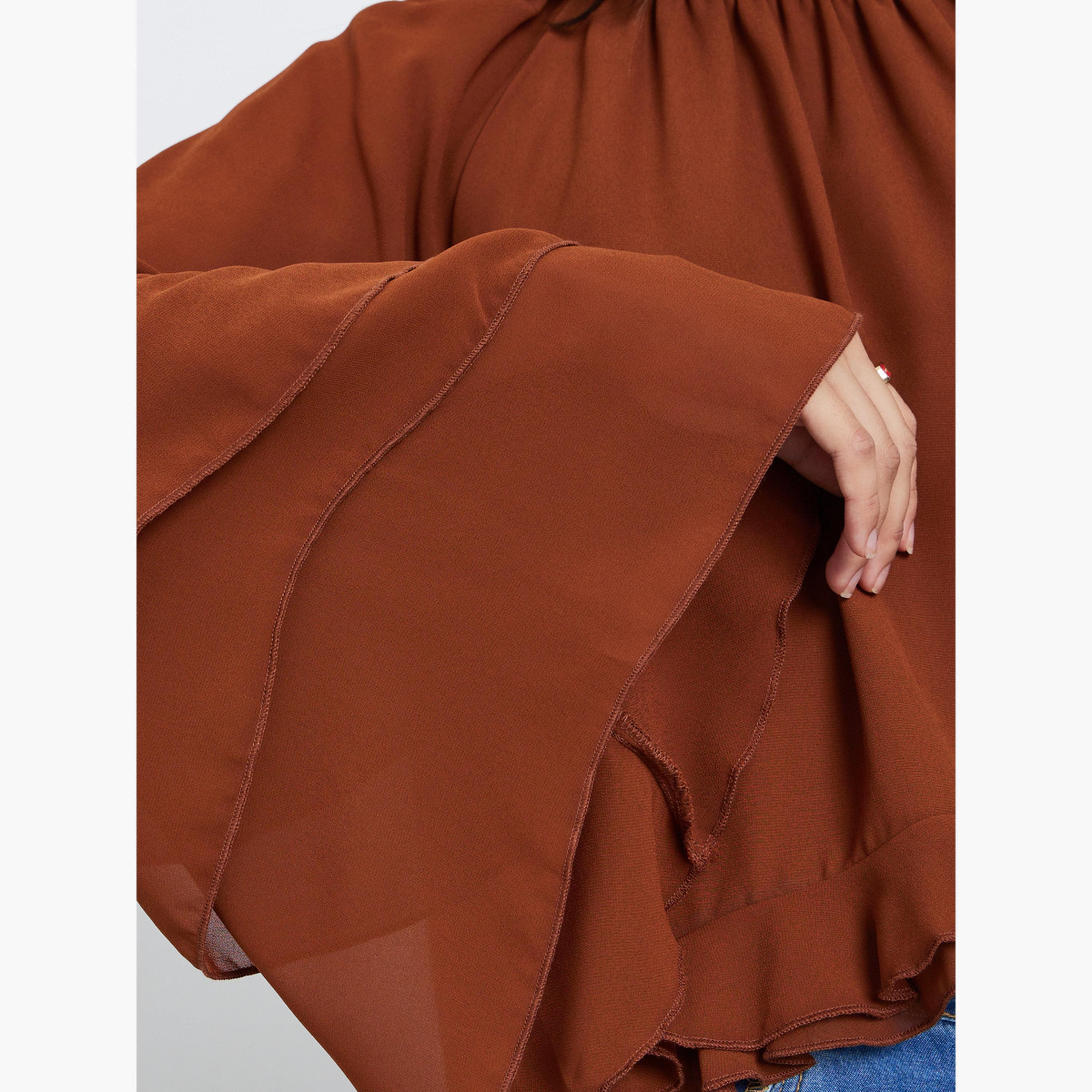 Styli Brown Solid Frill Detailing Bell Sleeves Chiffon Blouse-women-clothing-shirtsandblouses-blouses-image-3