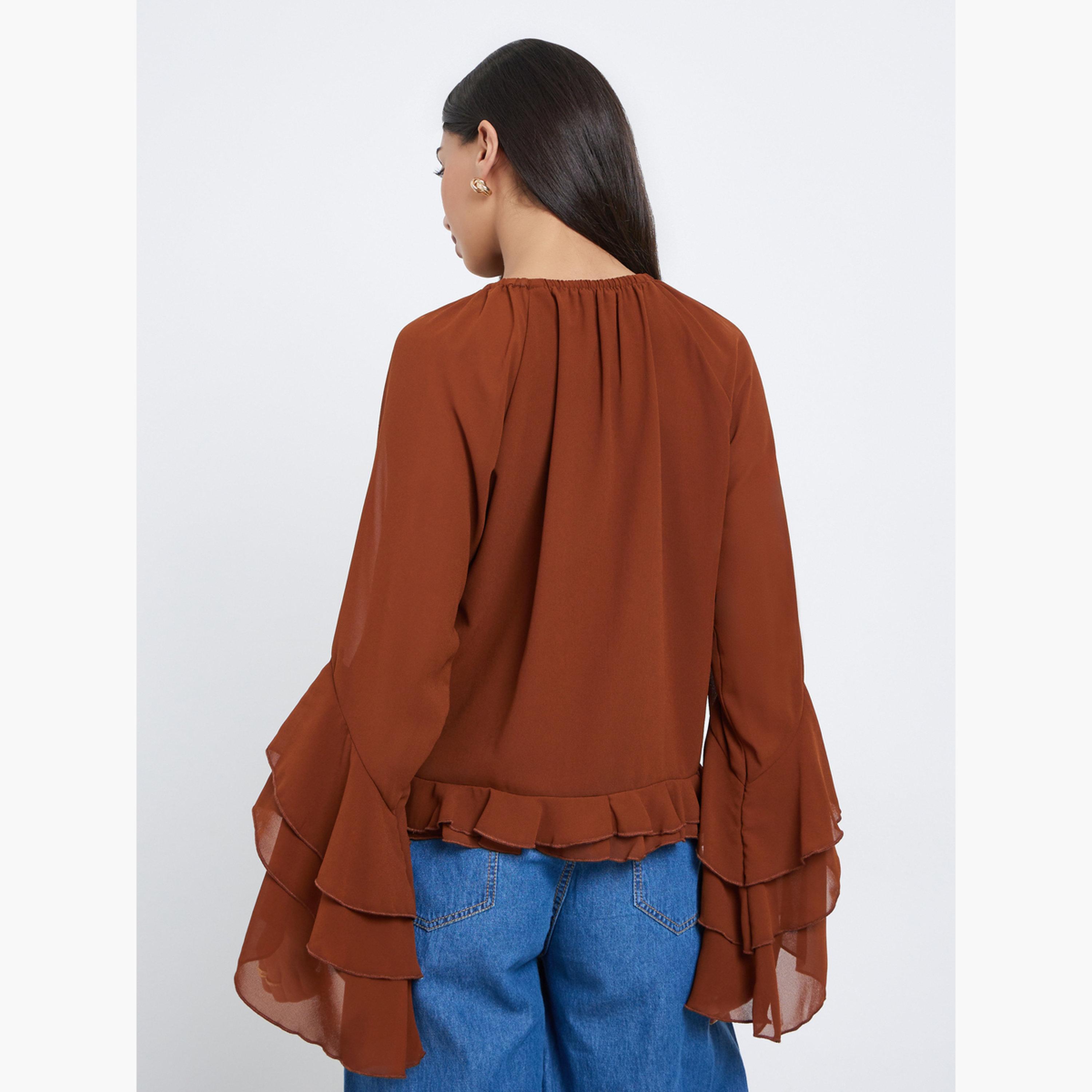 ستايلي - بلوزة شيفون بنية اللون بأكمام جرس وتفاصيل كشكشة-women-clothing-shirtsandblouses-blouses-image-4