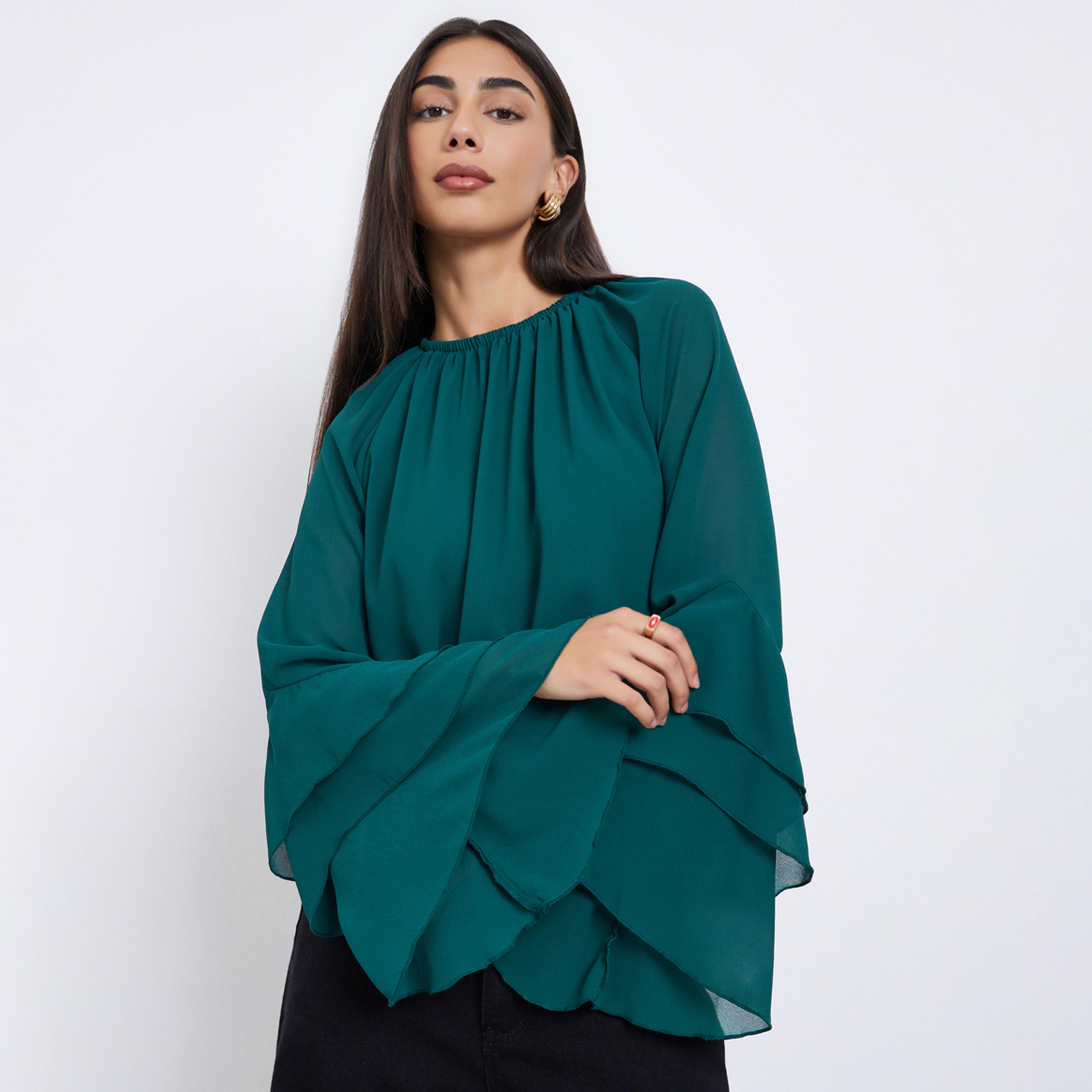 Styli Green Solid Frill Detailing Bell Sleeves Chiffon Blouse-women-clothing-shirtsandblouses-blouses-image-1