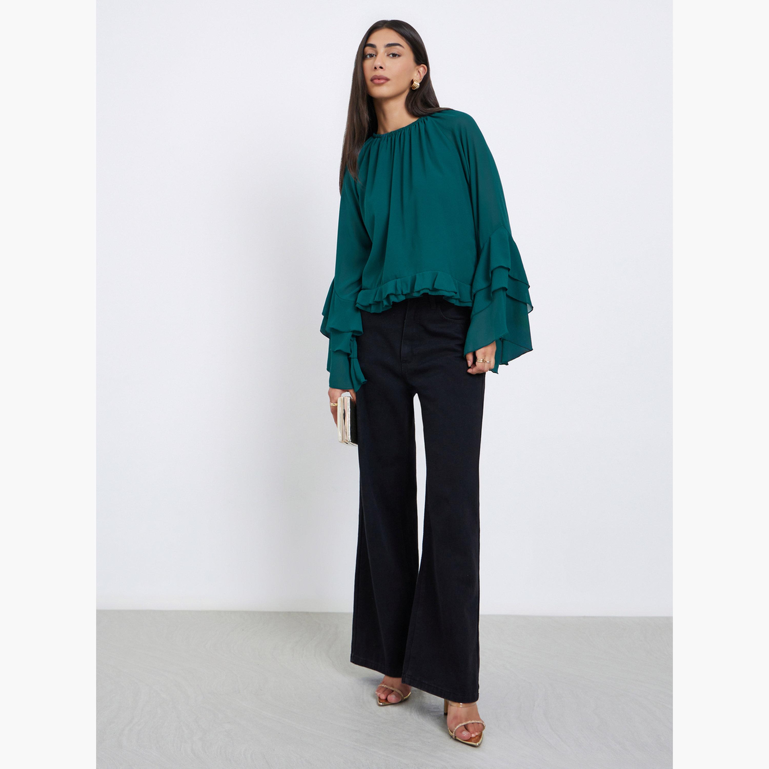 Styli Green Solid Frill Detailing Bell Sleeves Chiffon Blouse-women-clothing-shirtsandblouses-blouses-image-2