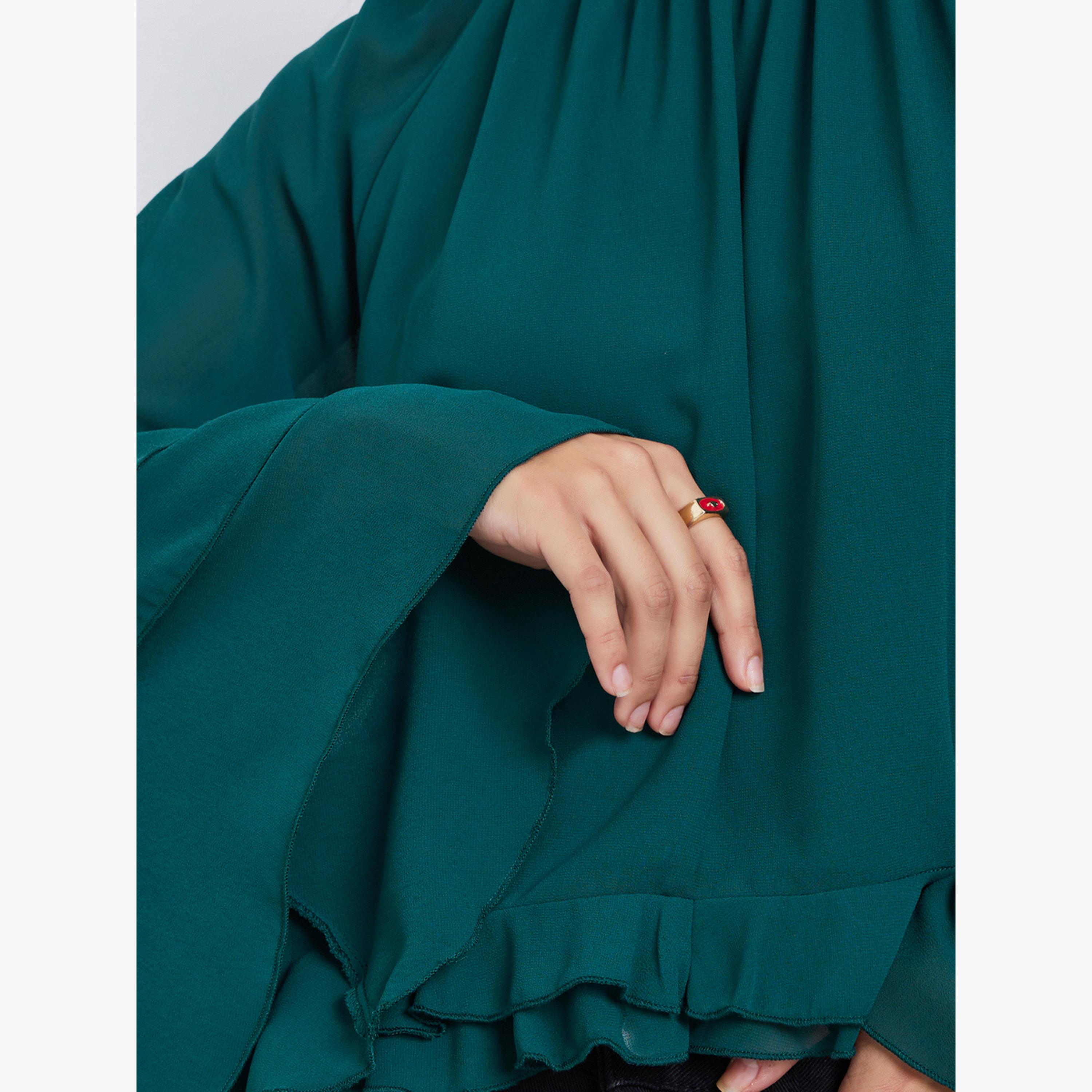 Styli Green Solid Frill Detailing Bell Sleeves Chiffon Blouse-women-clothing-shirtsandblouses-blouses-image-3