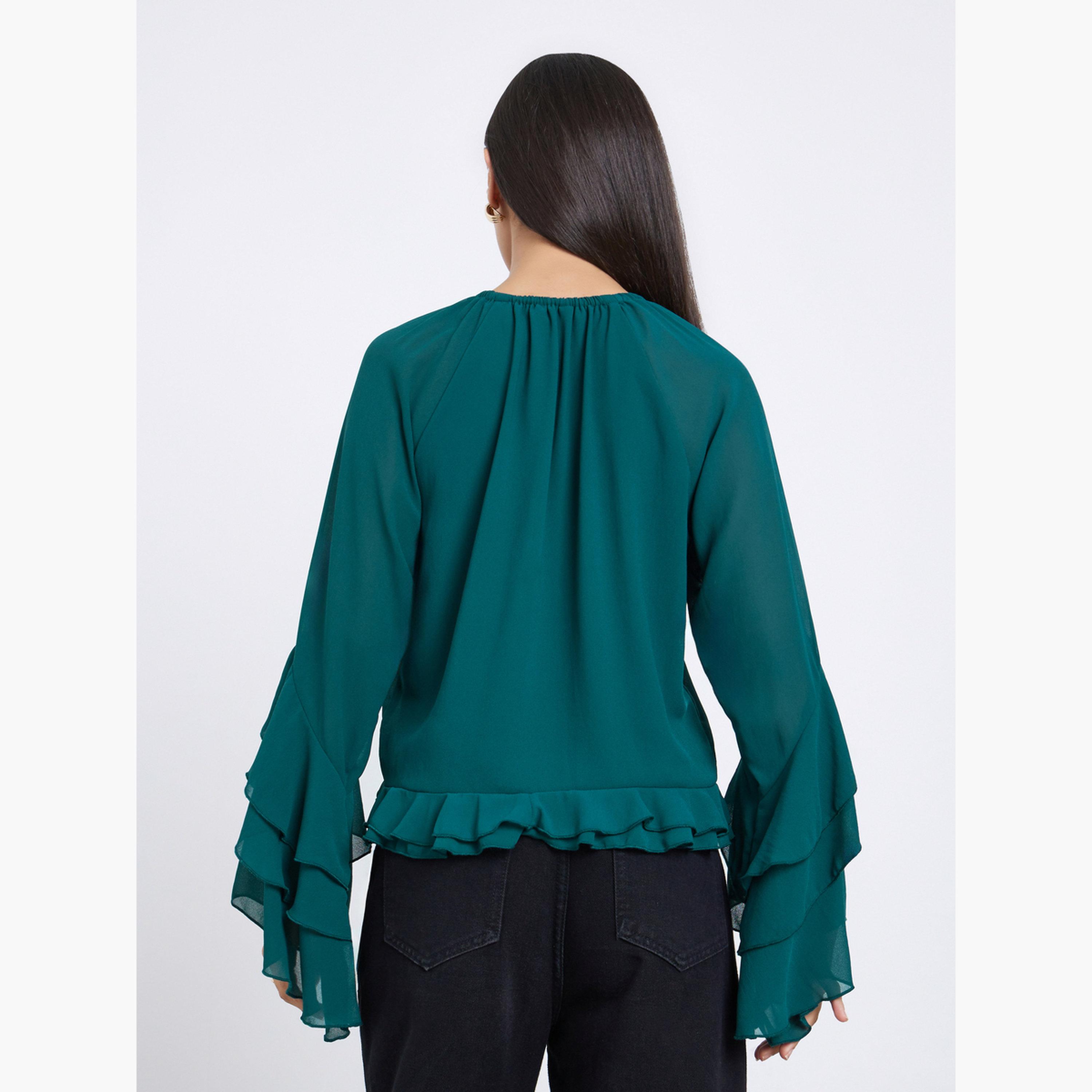 Styli Green Solid Frill Detailing Bell Sleeves Chiffon Blouse-women-clothing-shirtsandblouses-blouses-image-4
