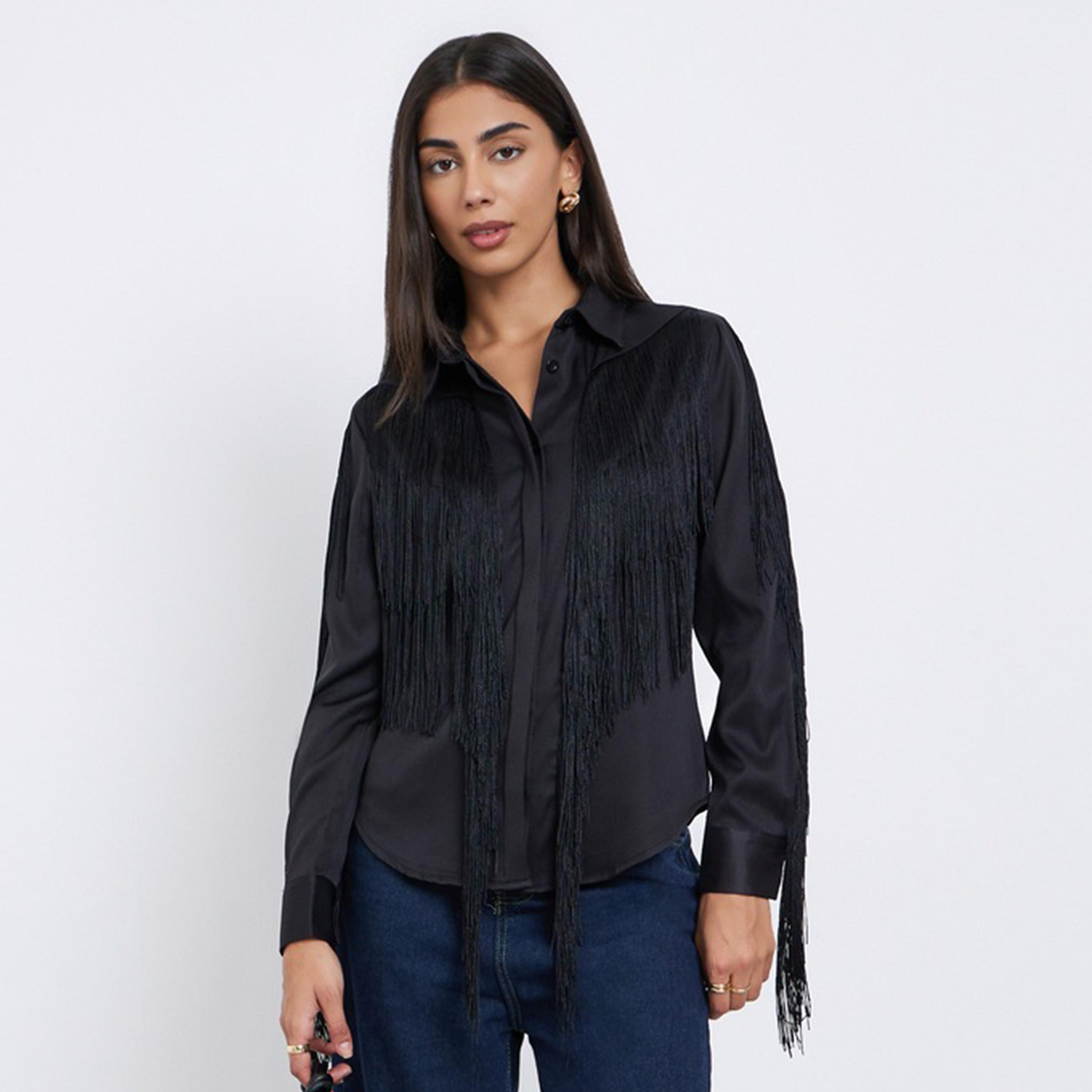 ستايلي - بلوزة شيفون خضراء سادة بأكمام جرس وتفاصيل كشكشة-women-clothing-shirtsandblouses-shirts-image-1
