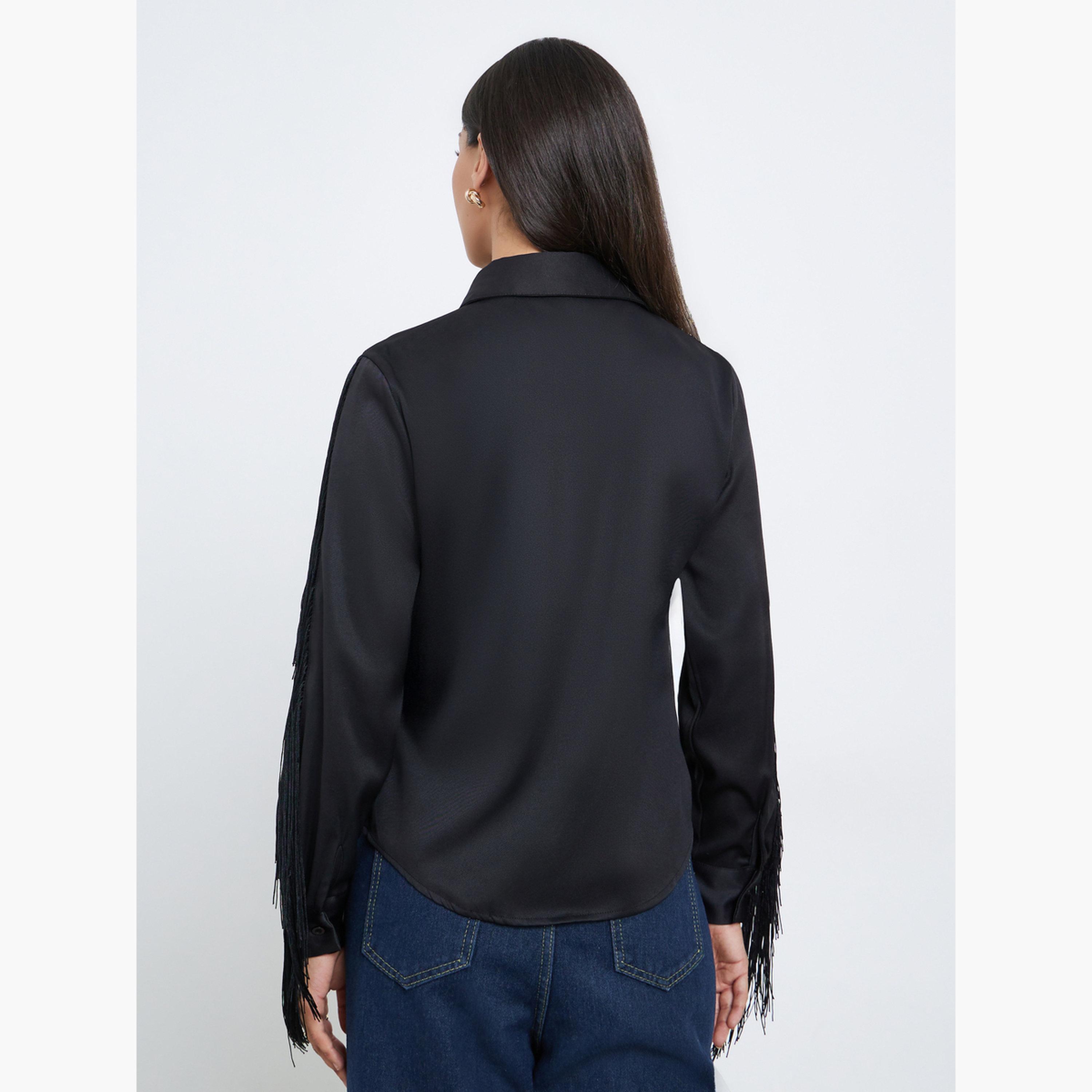 ستايلي - بلوزة شيفون خضراء سادة بأكمام جرس وتفاصيل كشكشة-women-clothing-shirtsandblouses-shirts-image-3