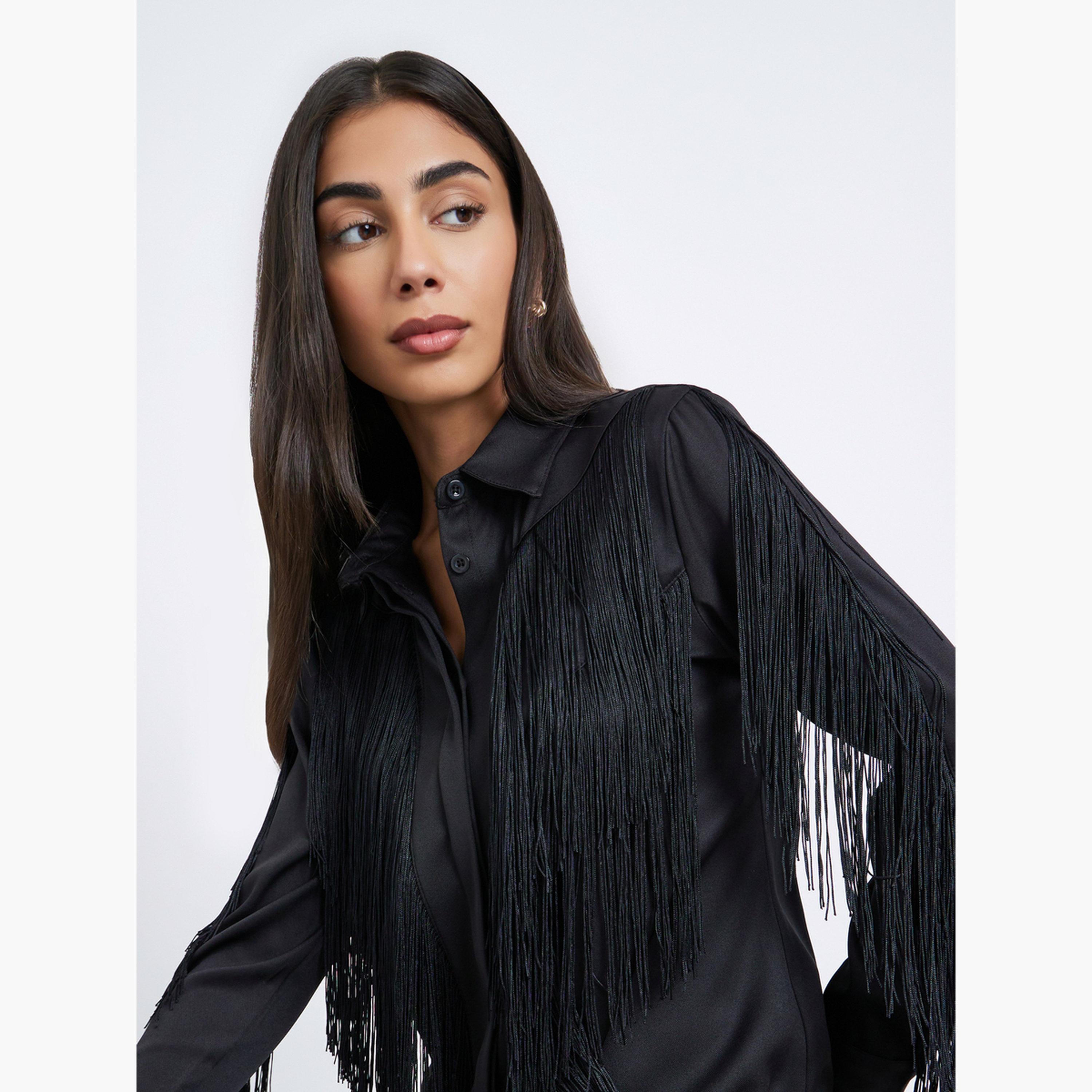 ستايلي - بلوزة شيفون خضراء سادة بأكمام جرس وتفاصيل كشكشة-women-clothing-shirtsandblouses-shirts-image-4