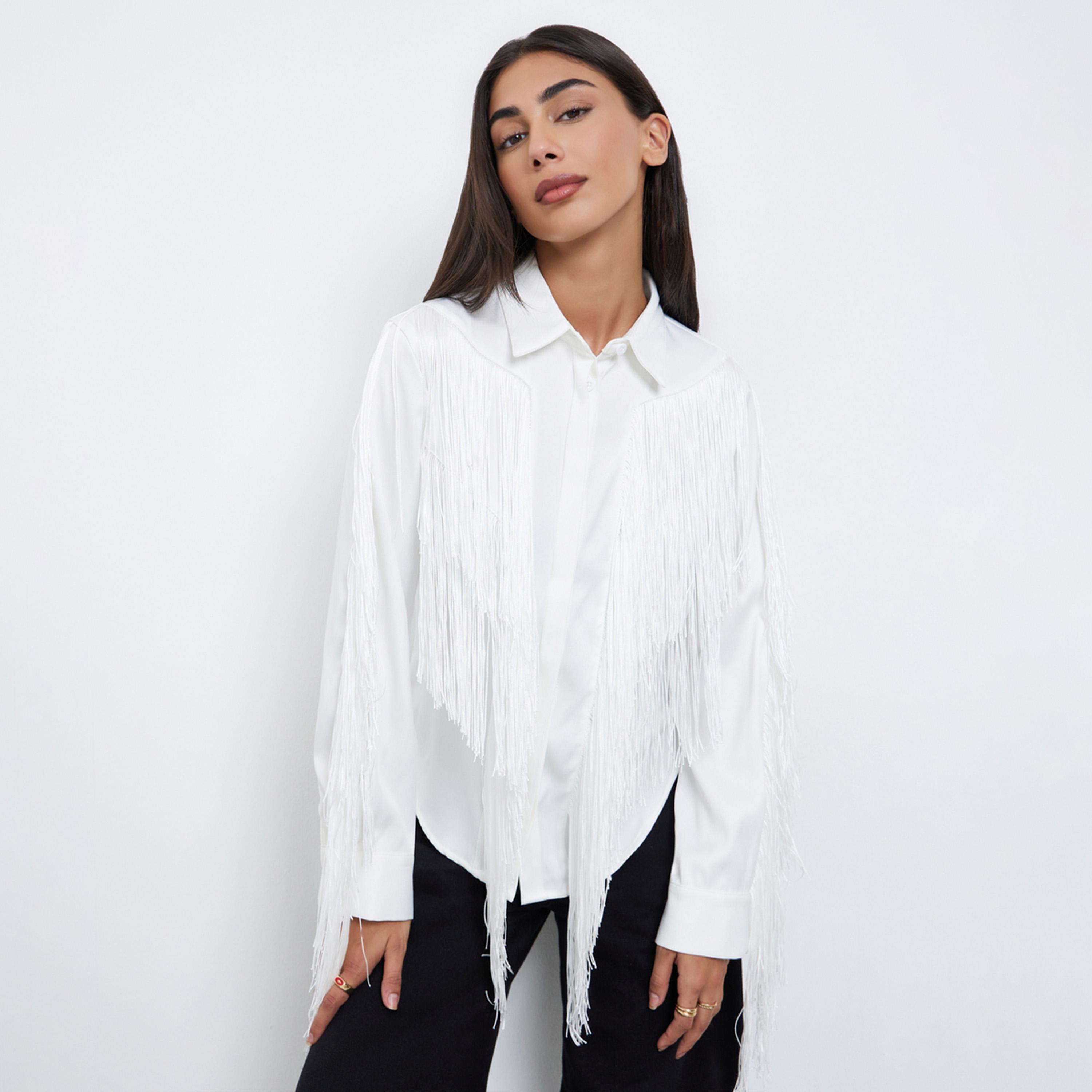 Styli White Fringe Shirt with Concealed Placket-women-clothing-shirtsandblouses-shirts-image-1