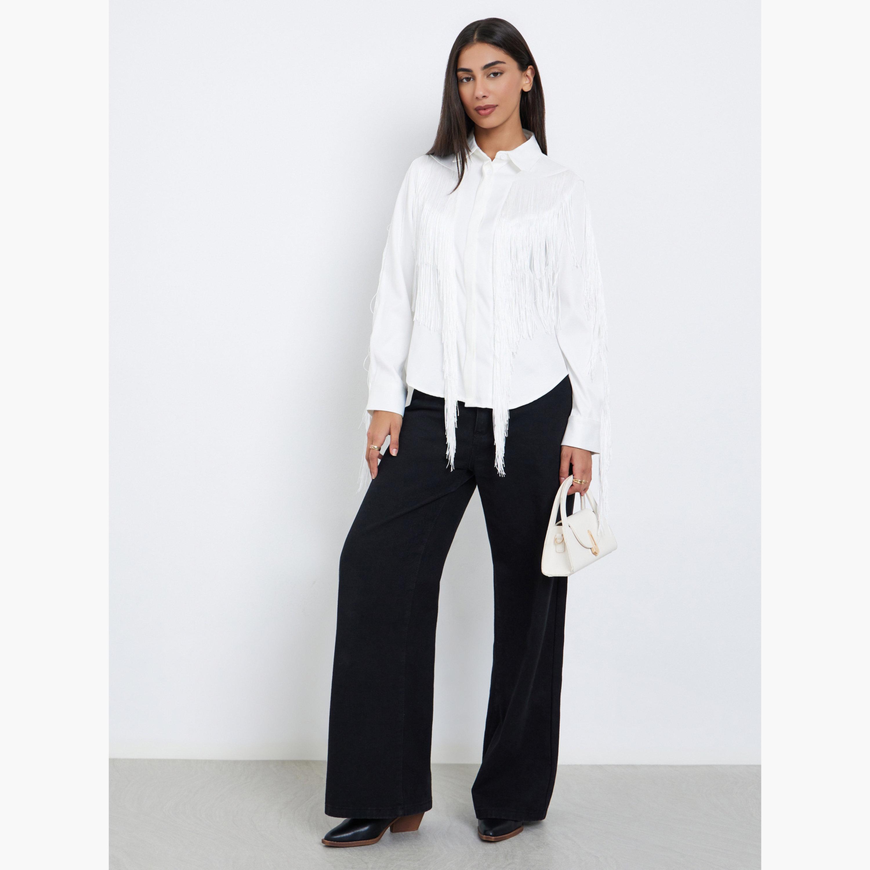 Styli White Fringe Shirt with Concealed Placket-women-clothing-shirtsandblouses-shirts-image-2