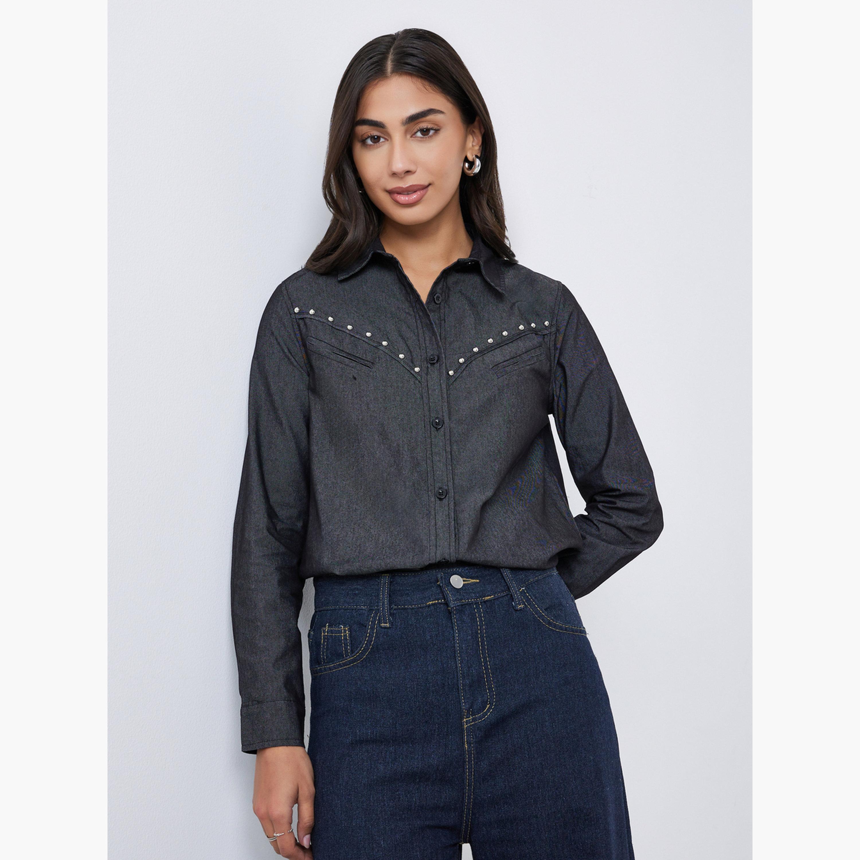 ستايلي - قميص جينز أسود مرصع بالمسامير بأكمام طويلة للنساء-women-clothing-shirtsandblouses-shirts-image-1