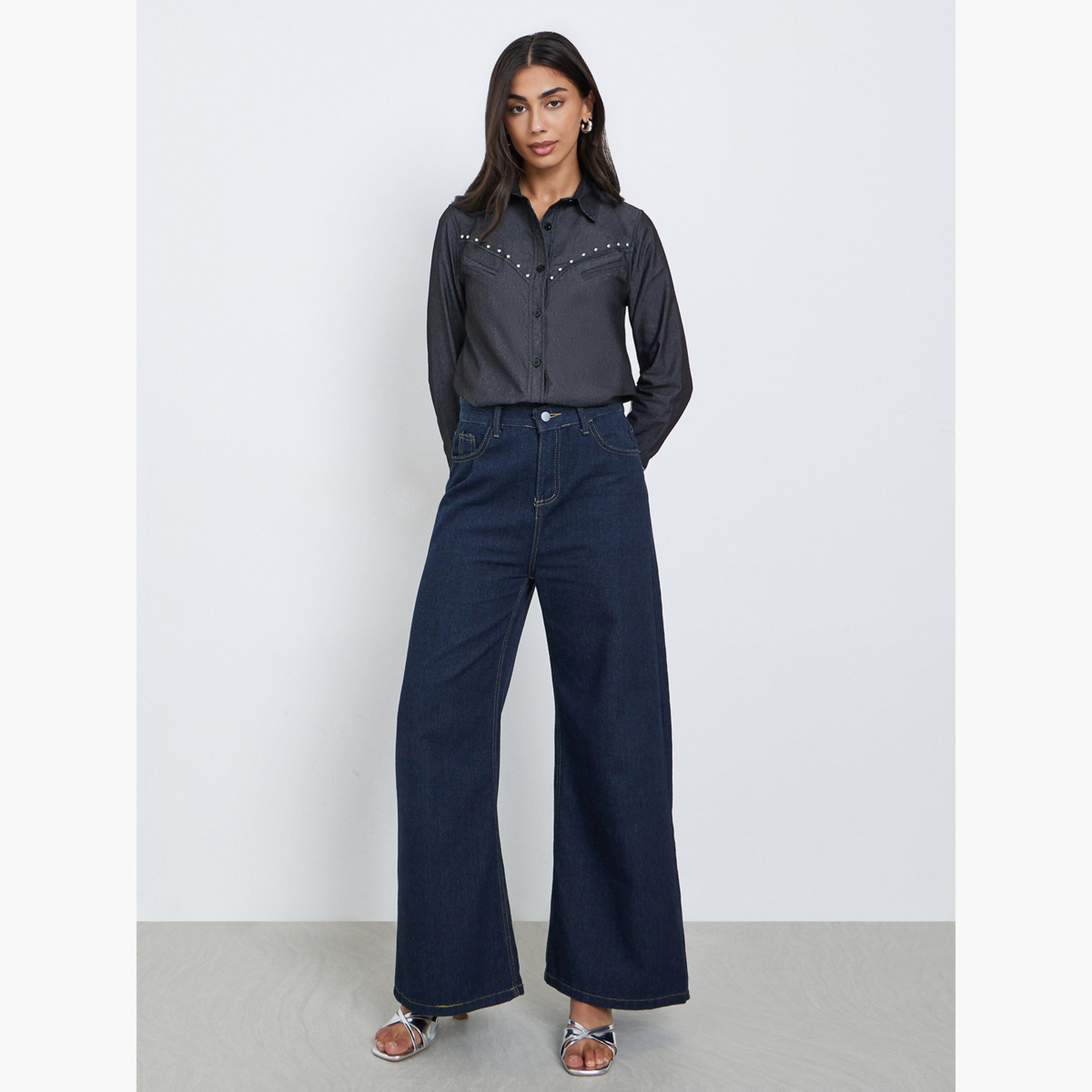 ستايلي - قميص جينز أسود مرصع بالمسامير بأكمام طويلة للنساء-women-clothing-shirtsandblouses-shirts-image-2